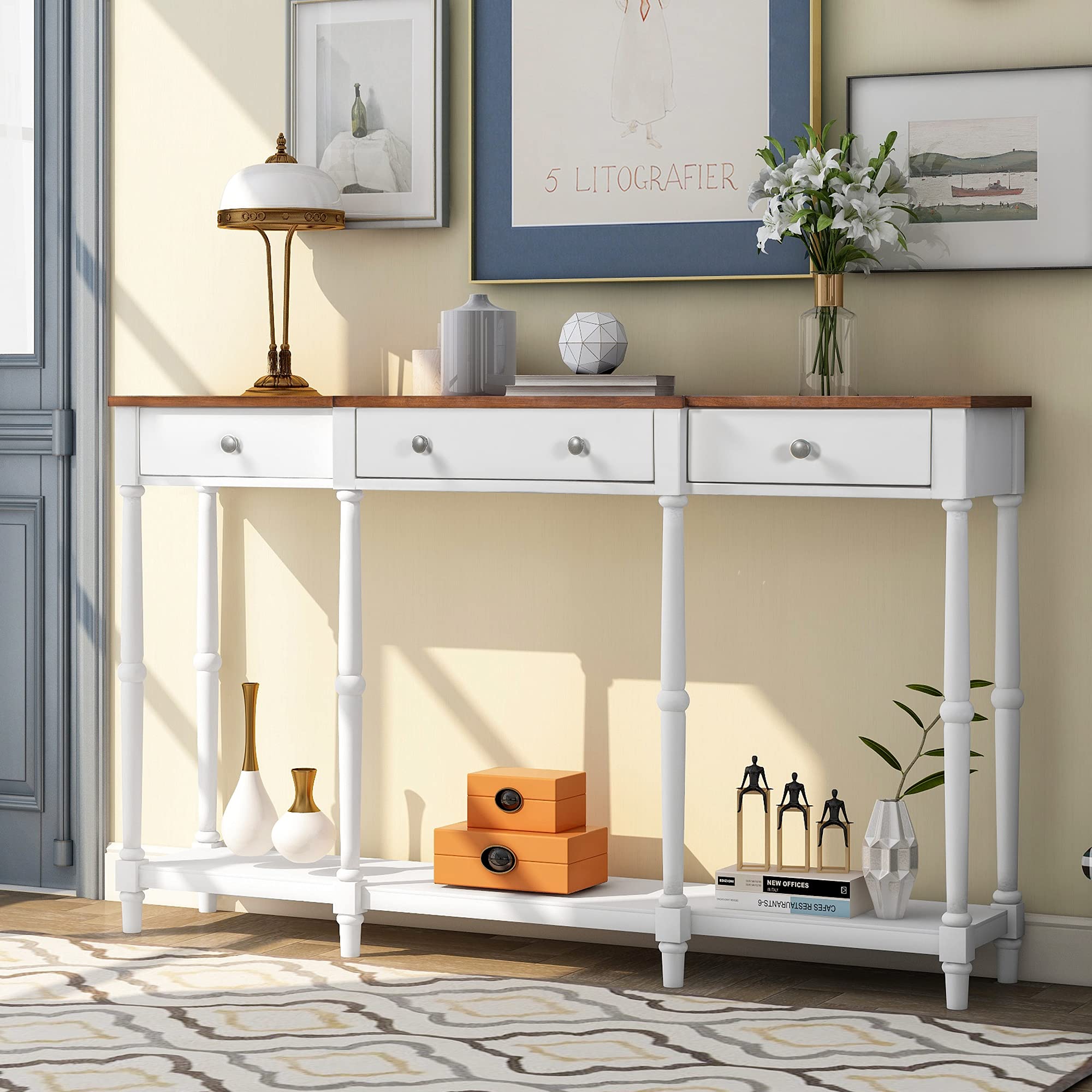 Vintage Wooden Console Table with 3 Drawers & Open Shelf - Classic Buffet Sideboard for Entryway, Living Room, Bedroom & Hallway - White Wooden Storage Solution for Home Decor & Organization