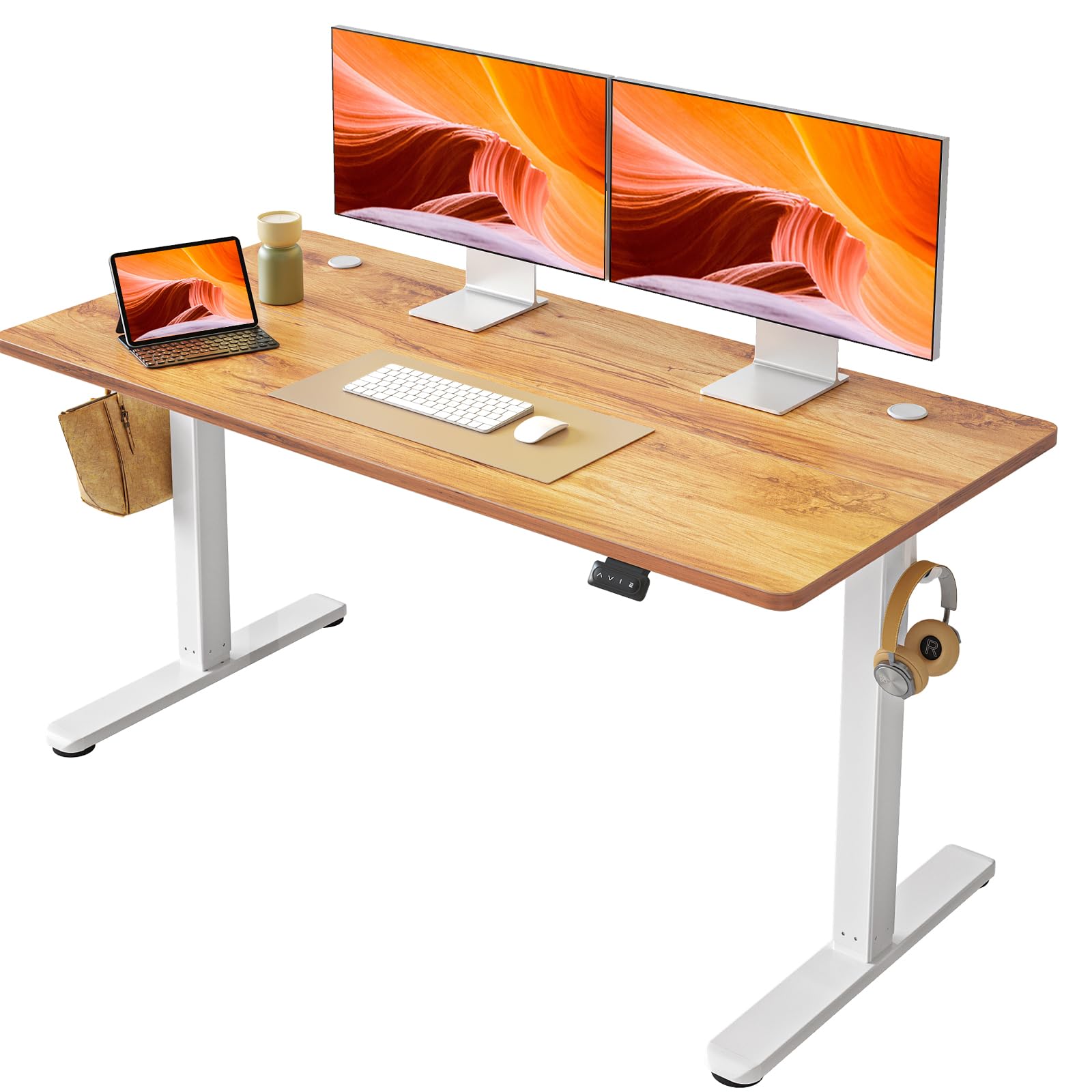 FAMISKY 55 x 24 Inches Electric Standing Desk - Height Adjustable Ergonomic Home Office Desk with Splice Board, Light Rustic Brown - Perfect for Remote Work, Gaming & Study Setup