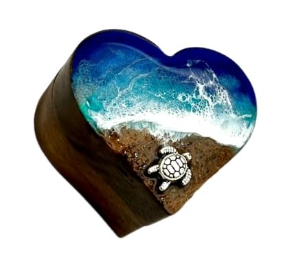Ocean Resin Art Heart Ring Box - Walnut Wood Jewelry Box with Turtle Charm & Ocean Blues Design - Perfect for Wedding Proposals, Engagement Ceremonies, Valentine's Gifts & Beach-Themed Weddings