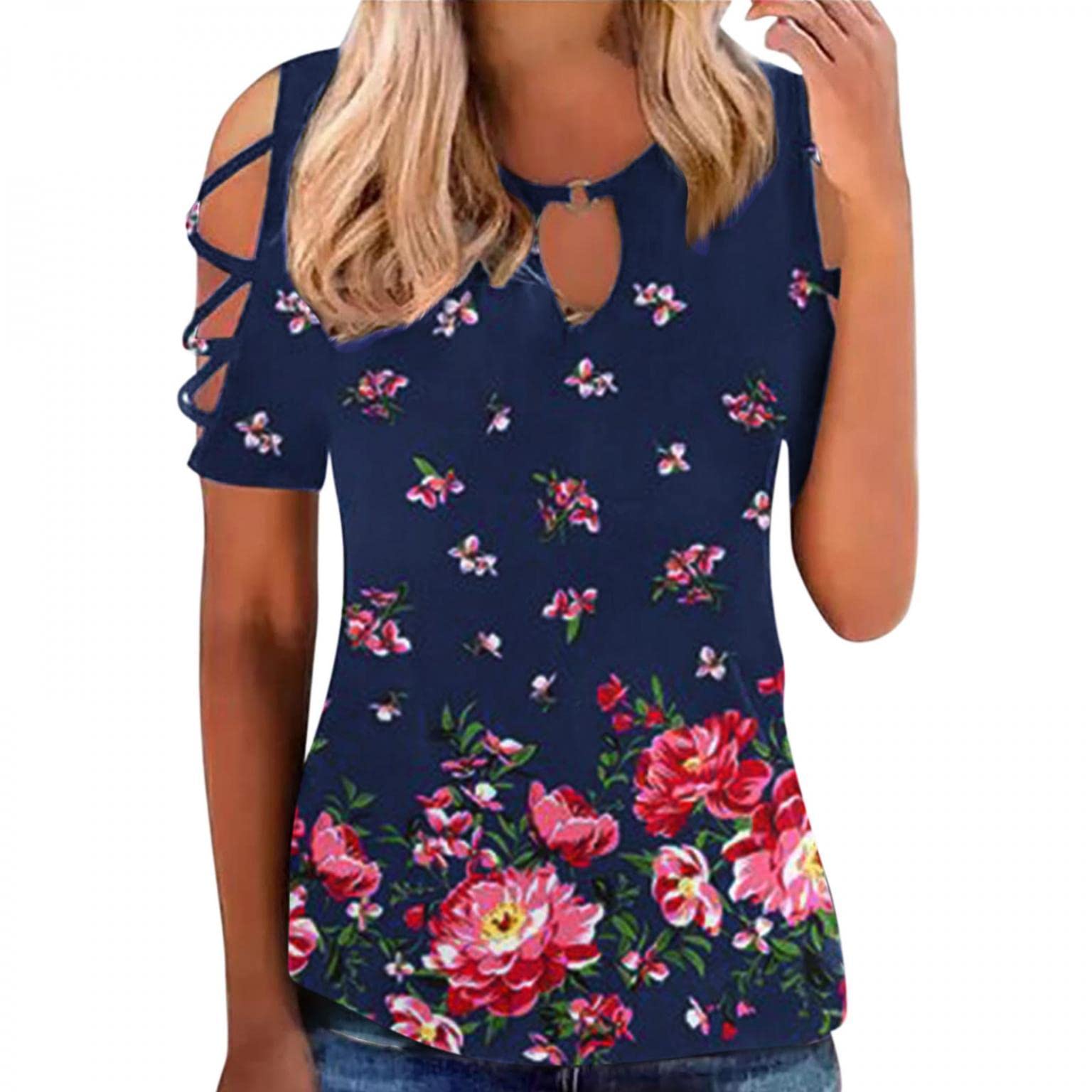 Sexy Casual Summer Tops for Women - Hollow Out Short Sleeve Keyhole Blouse with Floral Print | Perfect for Beach, Party & Date Night Outfits