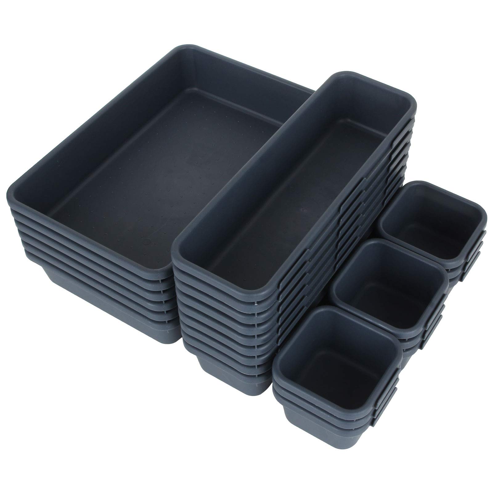 24-Piece Interlocking Drawer Organizer Set - Shallow Tray Dividers & Storage Bins for Kitchen, Bathroom, Makeup, Office, Vanity, Bedroom & Dresser - Perfect for Organizing Utensils, Cosmetics, Jewelry & Office Supplies