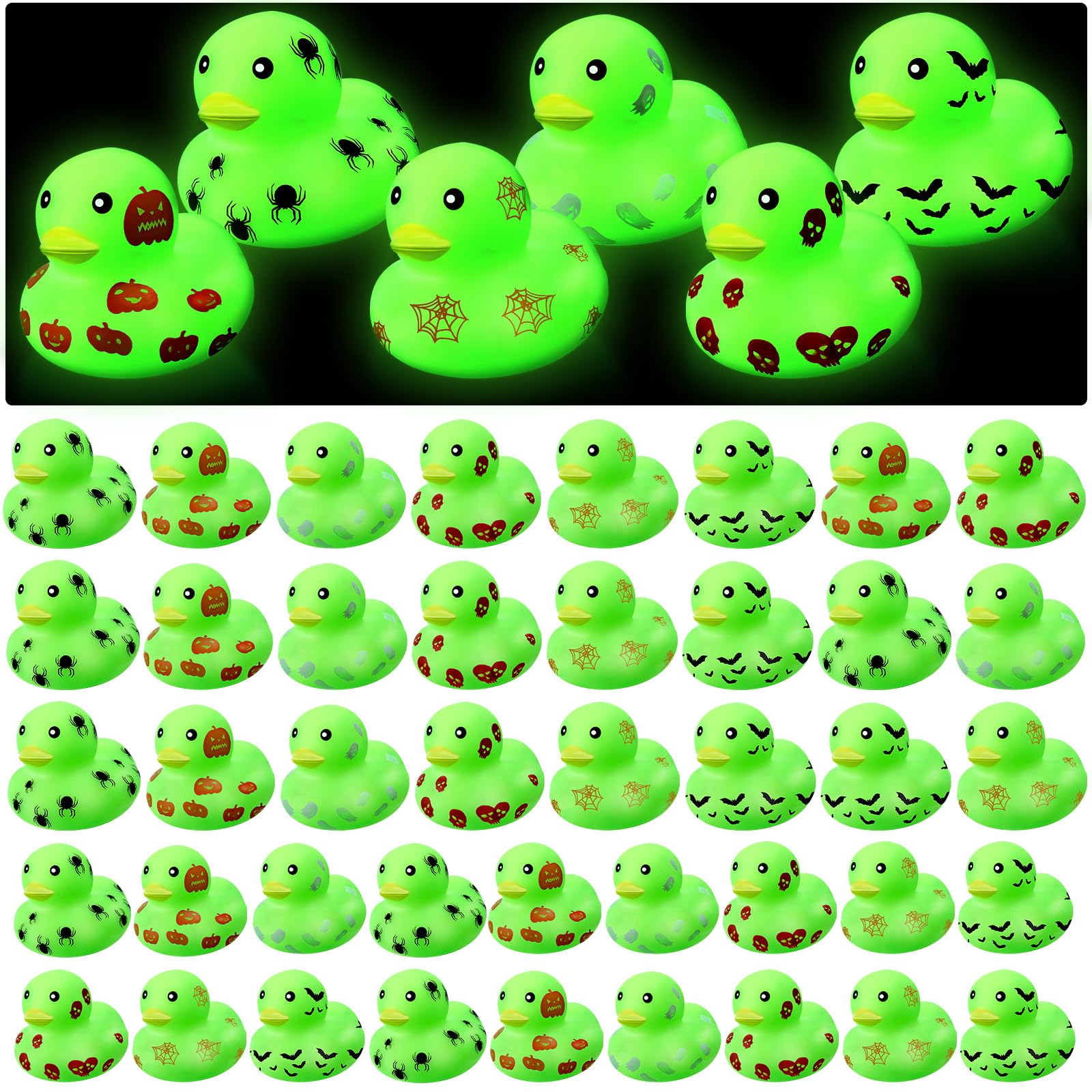 Glow in The Dark Halloween Rubber Ducks - 2.2 Inch Party Favors with 6 Spooky Designs (Skeletons, Bats, Pumpkin, Spider Web, Ghost, Spider) - 24 Pack Classic Color for Halloween Decorations, Party Supplies & Trick or Treat Gifts