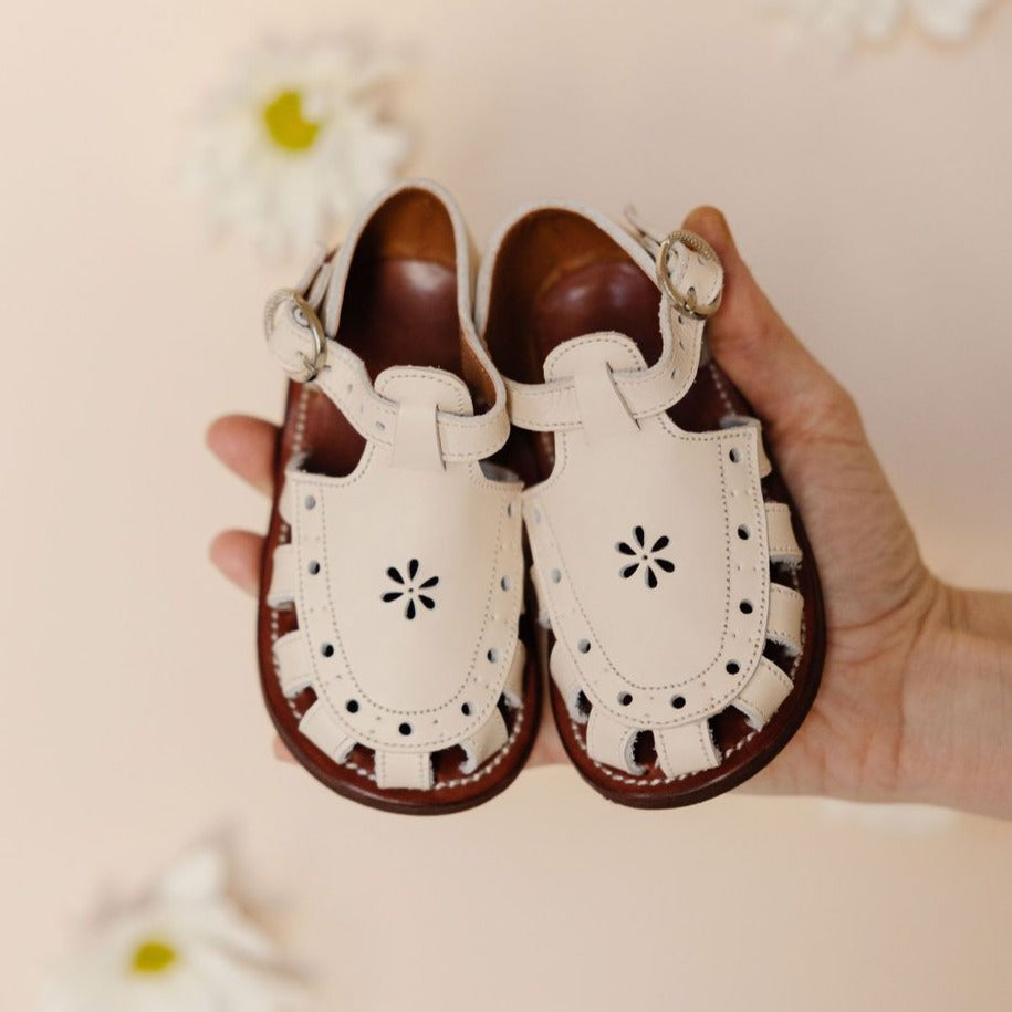 Kids Leather Sandals | Cream Flora Comfortable Summer Sandals for Boys & Girls | Perfect for Beach, Park & Outdoor Play