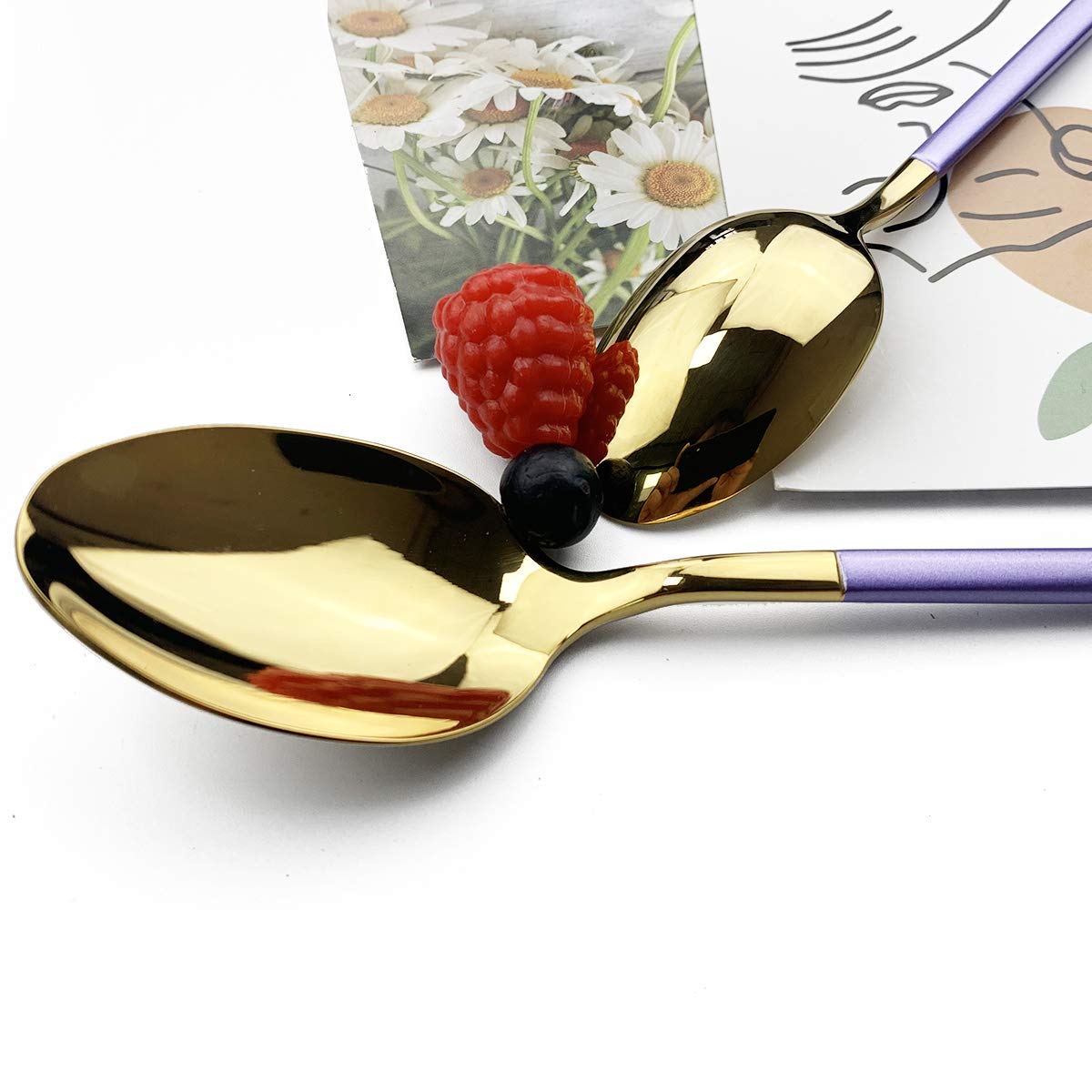 JASHII 5-Piece Modern Silverware Set - 18/10 Stainless Steel Elegant Flatware with Square Edge - Mirror Polished & Dishwasher Safe (Purple Gold) - Perfect for Dining, Gifts & Kitchen Essentials