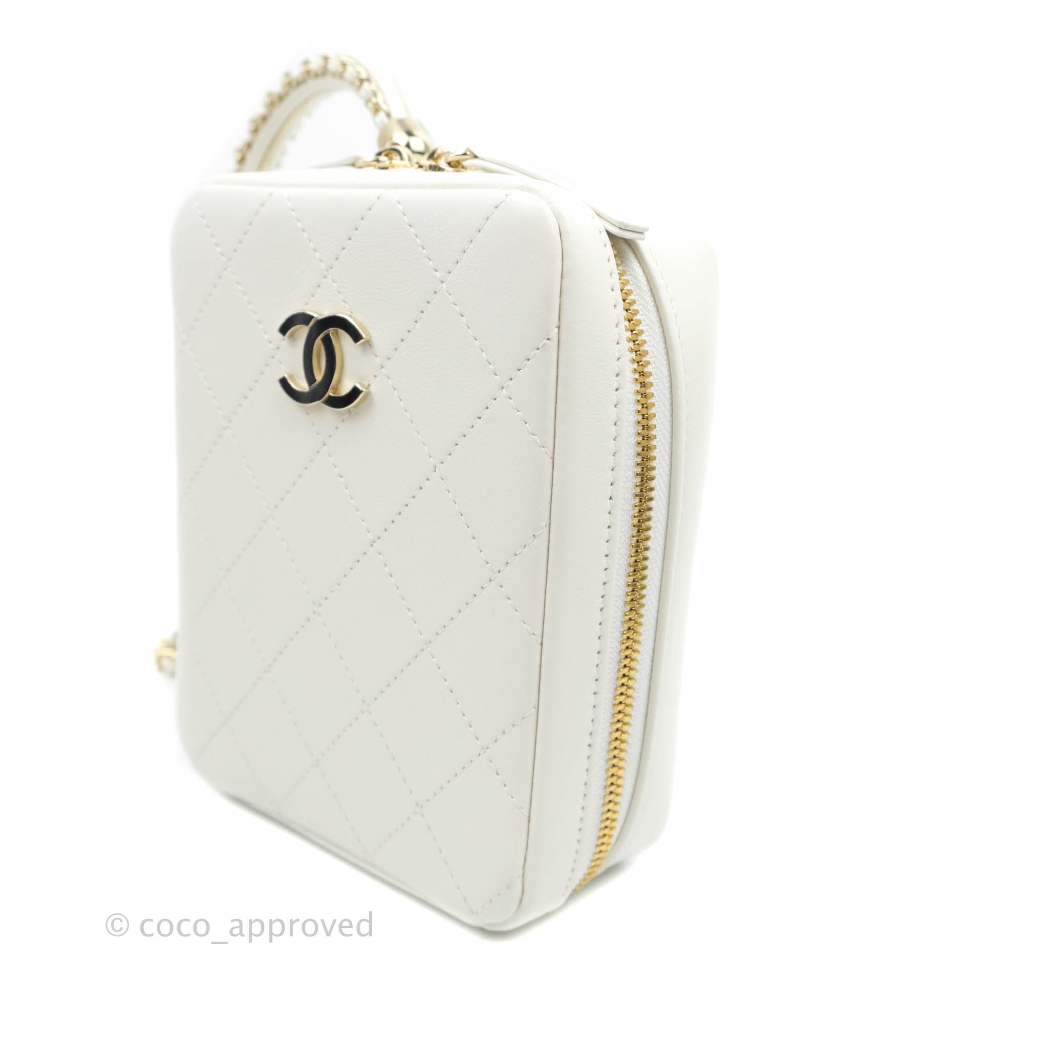 Chanel White Calfskin Circular Handle Zip Around Vanity Case with Gold Hardware - Perfect for Travel, Parties & Everyday Luxury (20S Collection)