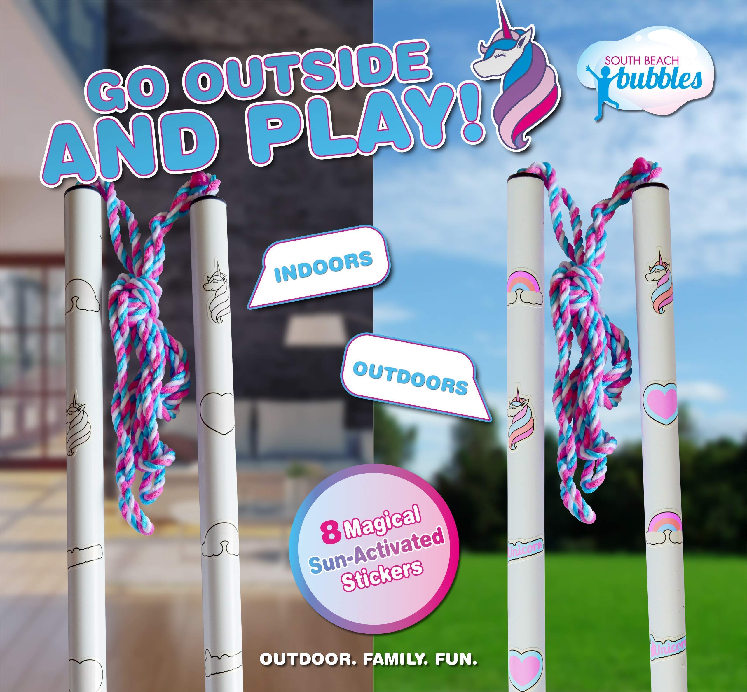 WOWMAZING Unicorn Giant Bubbles Kit with Wand, 7 Bubble Concentrate Pouches & 8 Sun-Activated Stickers | Outdoor Bubble Toy for Kids & Birthday Parties | Made in USA | Perfect for Backyard Fun, Summer Activities & Family Gatherings