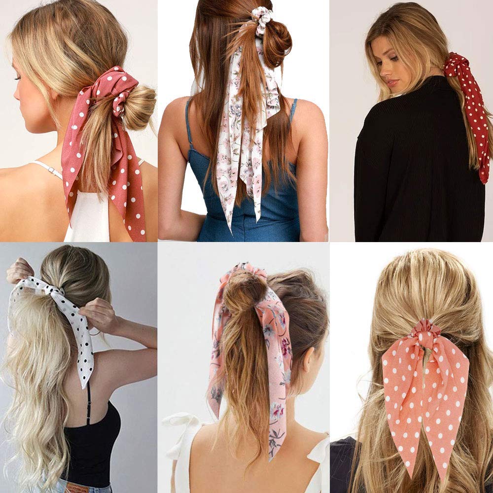 World Zone Enterprises Women & Girls Chiffon Floral Hair Scarf & Scrunchies Set - 12 Pcs Soft Hair Accessories for Ponytail, Bun & Headband Styling - Perfect for Weddings, Parties & Everyday Fashion