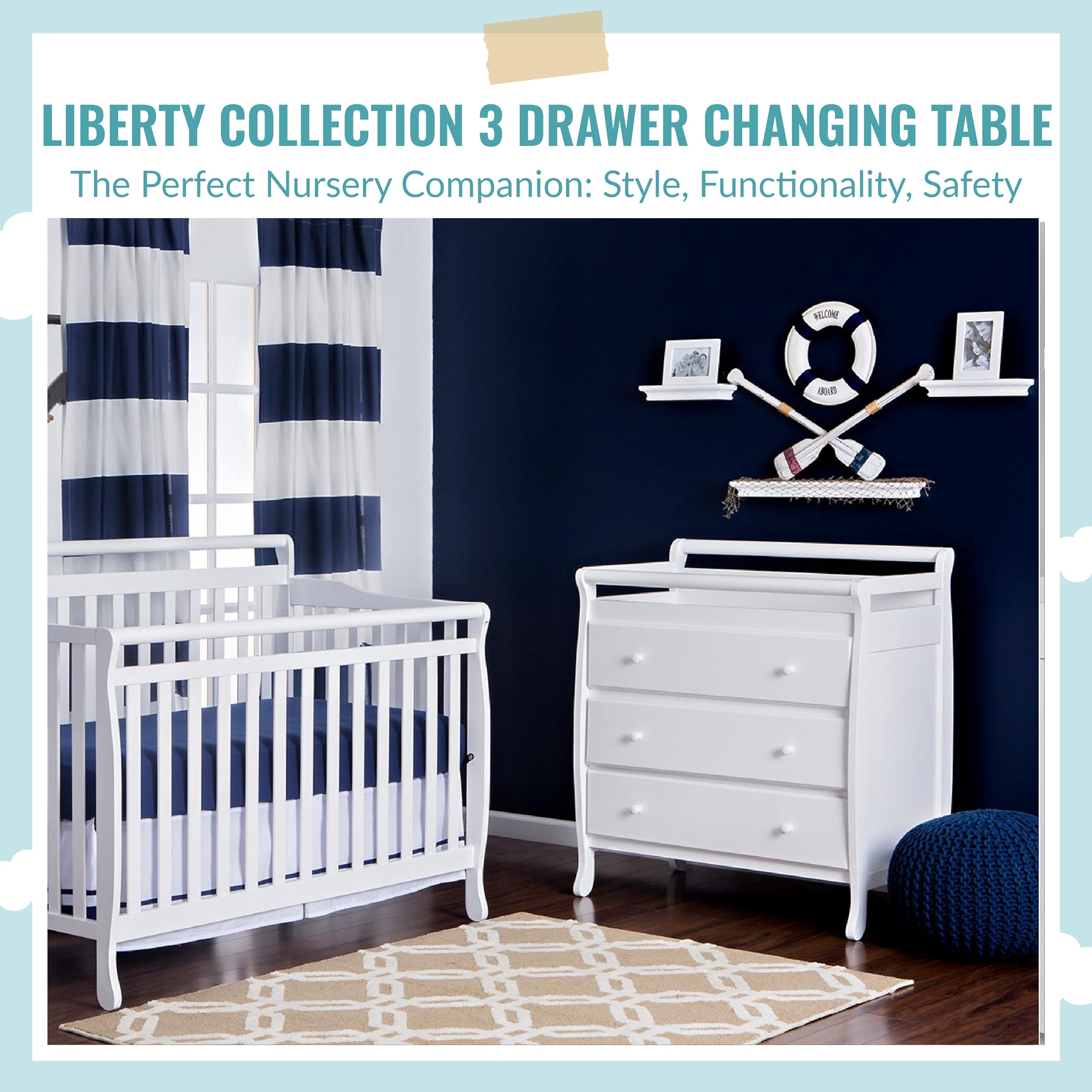 Dream On Me Liberty Collection 3-Drawer Baby Changing Table with Safety Rail - Nursery Dresser for Diaper Changing & Storage | Perfect for Newborns & Toddlers