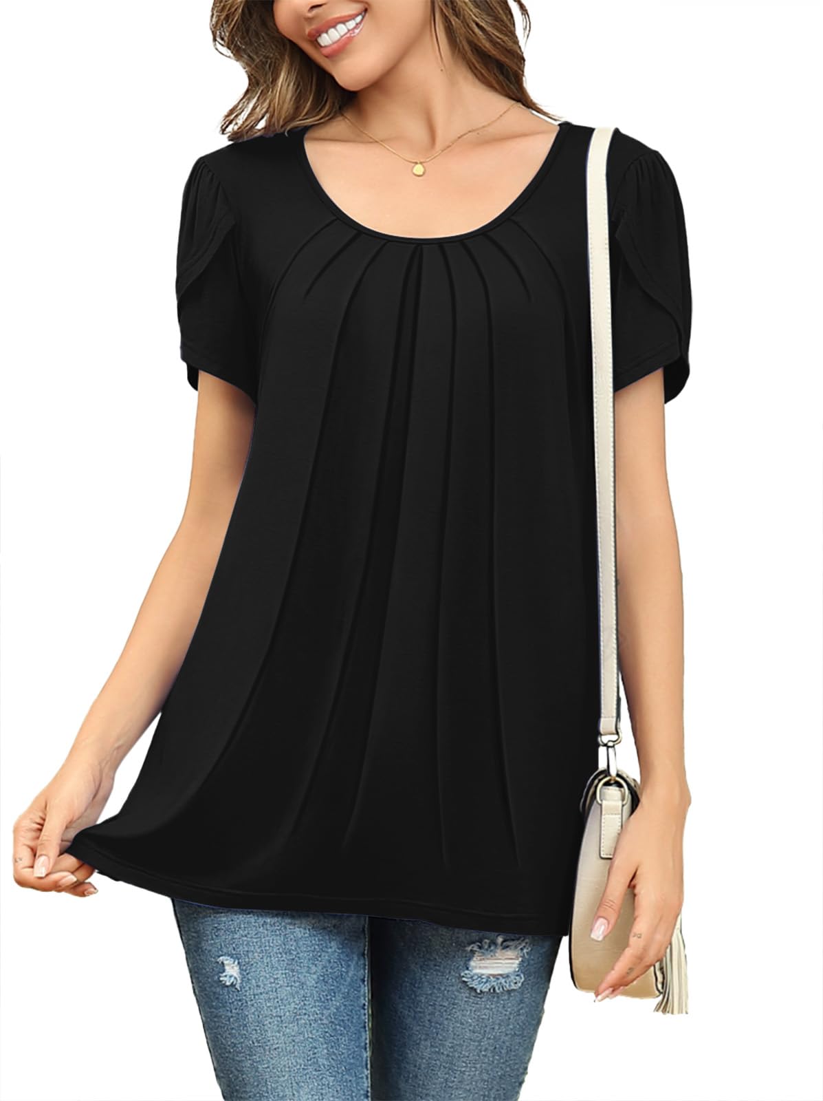 DILIUXING Women's Summer Tunic Tops - Short Sleeve & Sleeveless Round Neck Pleated Casual Blouses | Cute Basic Loose T-Shirts for Women | Perfect for Beach, Vacation, and Everyday Wear