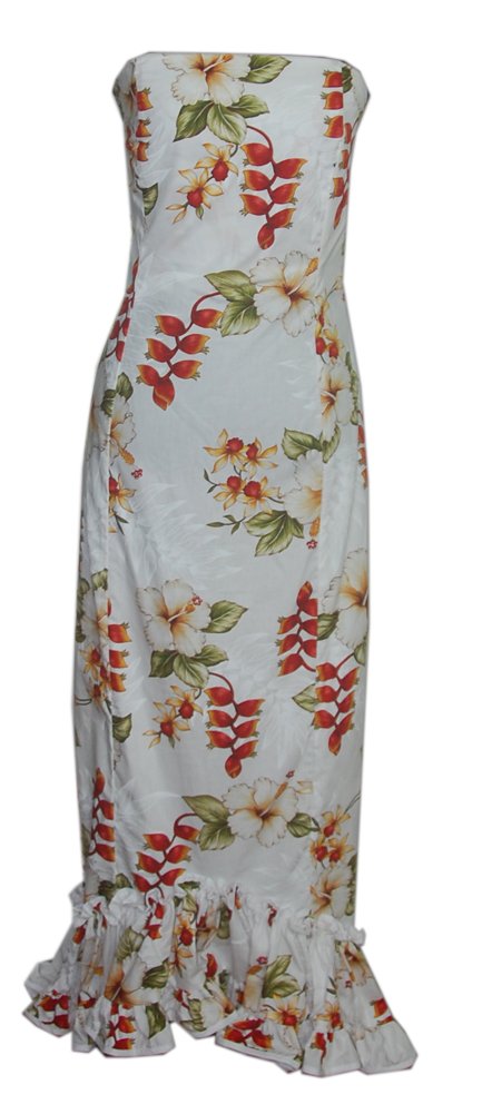 Women's Hawaiian Long Tube Top with Fishtail Heliconia Print White Dress - Perfect for Beach Vacations, Summer Parties & Tropical Getaways