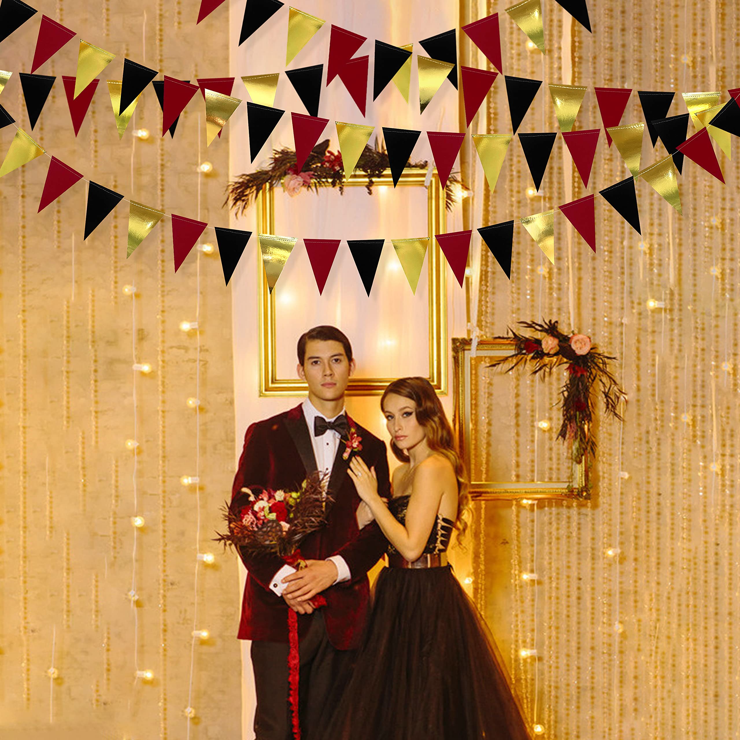 30 Ft Red Black Gold Party Decorations - Hanging Paper Triangle Banner Bunting Flag Garland for Graduation, Birthday, Wedding, Bridal Shower & Anniversary - Perfect for Casino Theme, Bachelorette Party & Home Decor