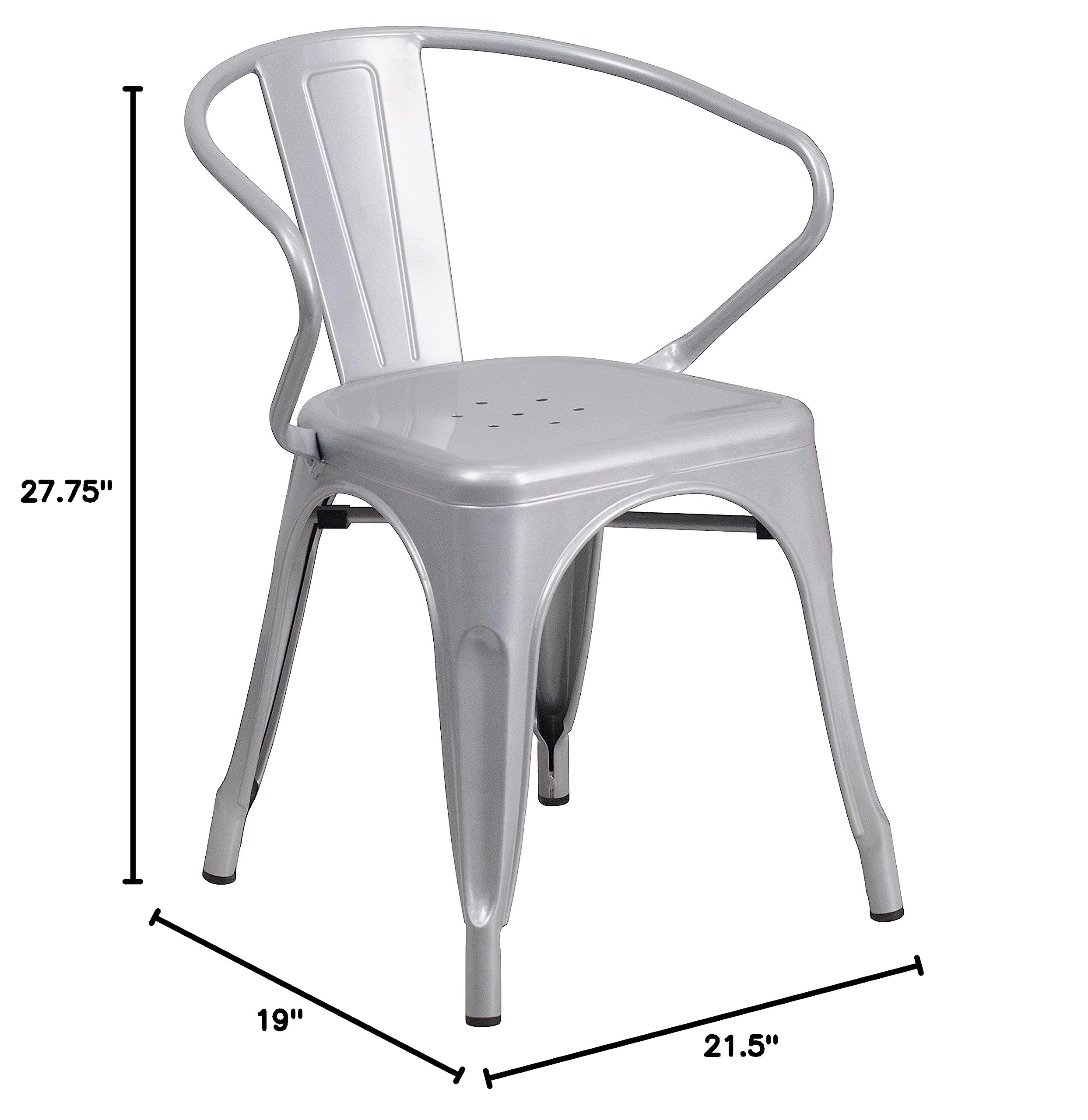 4 Pack Silver Metal Indoor-Outdoor Arm Chairs - Durable Restaurant & Cafe Furniture for Dining, Patio, Garden and Outdoor Seating