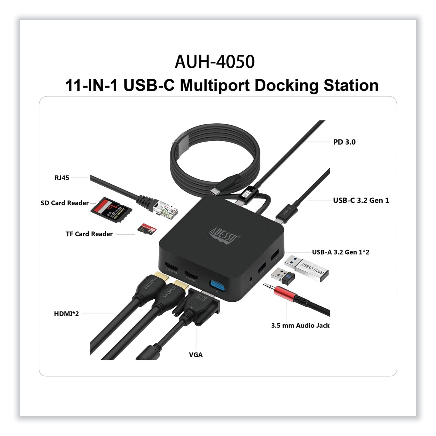 Adesso 11-in-1 USB C Docking Station with HDMI, Ethernet, USB Ports - TAA Compliant Multi-Port Hub for Laptop & MacBook - Perfect for Home Office, Remote Work & Business Travel (Black)