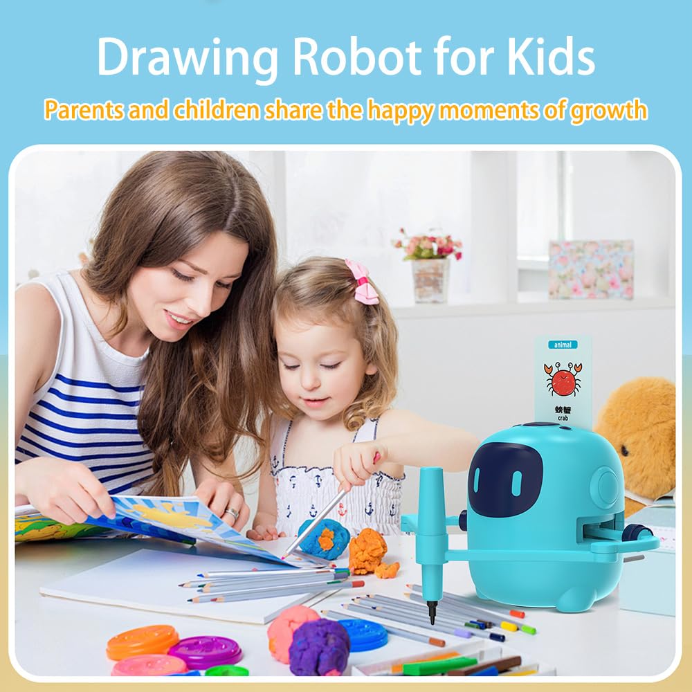 Smart Drawing Robot for Kids - Interactive Educational Toy with Drawing Cards, Montessori Learning Robot for Boys & Girls Ages 5-7 | Perfect for Home Schooling, Birthday Gifts & Creative Play (Blue)