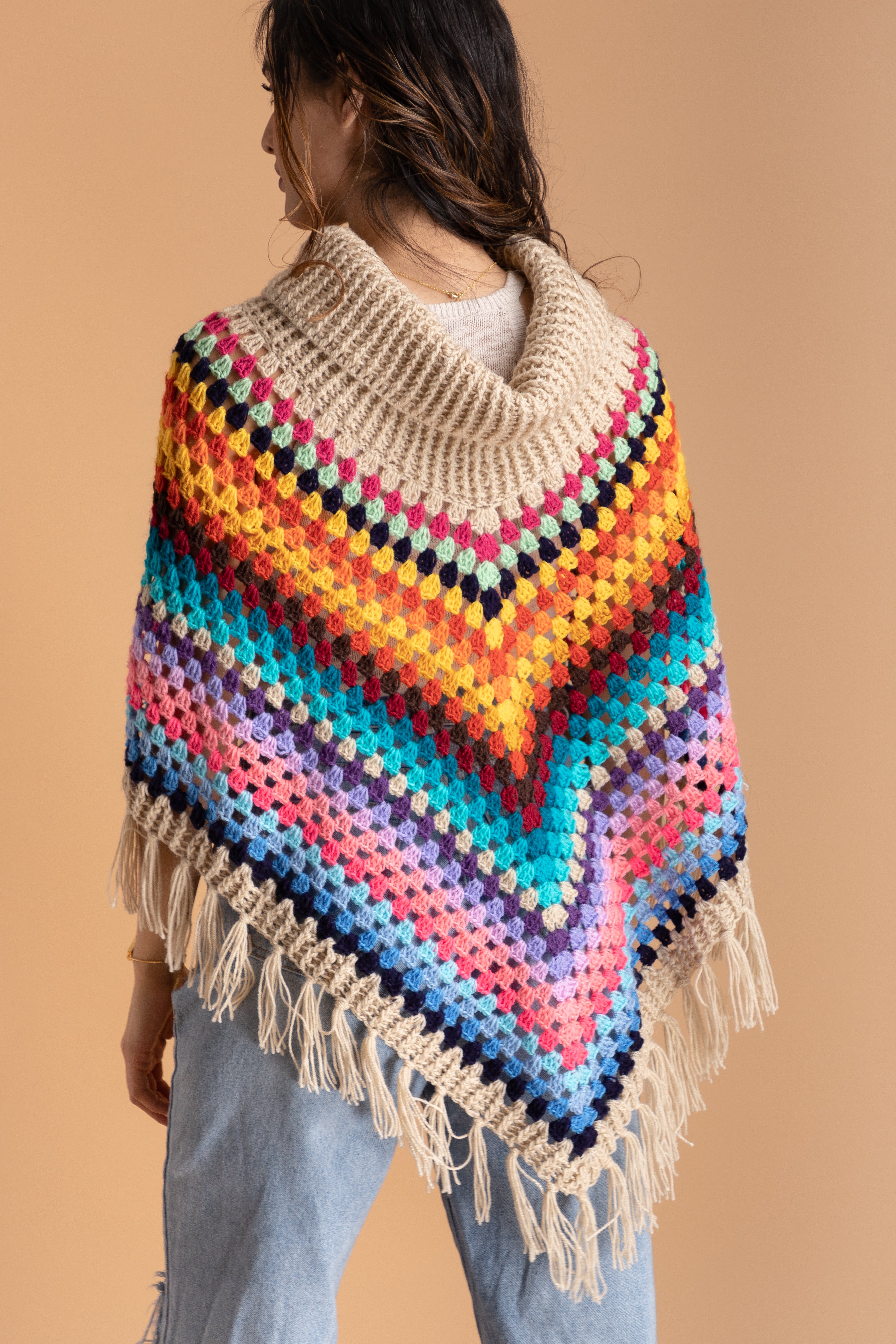 Rainbow Crochet Turtleneck Sweater Poncho - Cozy Handmade Knitwear for Women | Perfect for Fall Fashion, Boho Outfits & Casual Wear