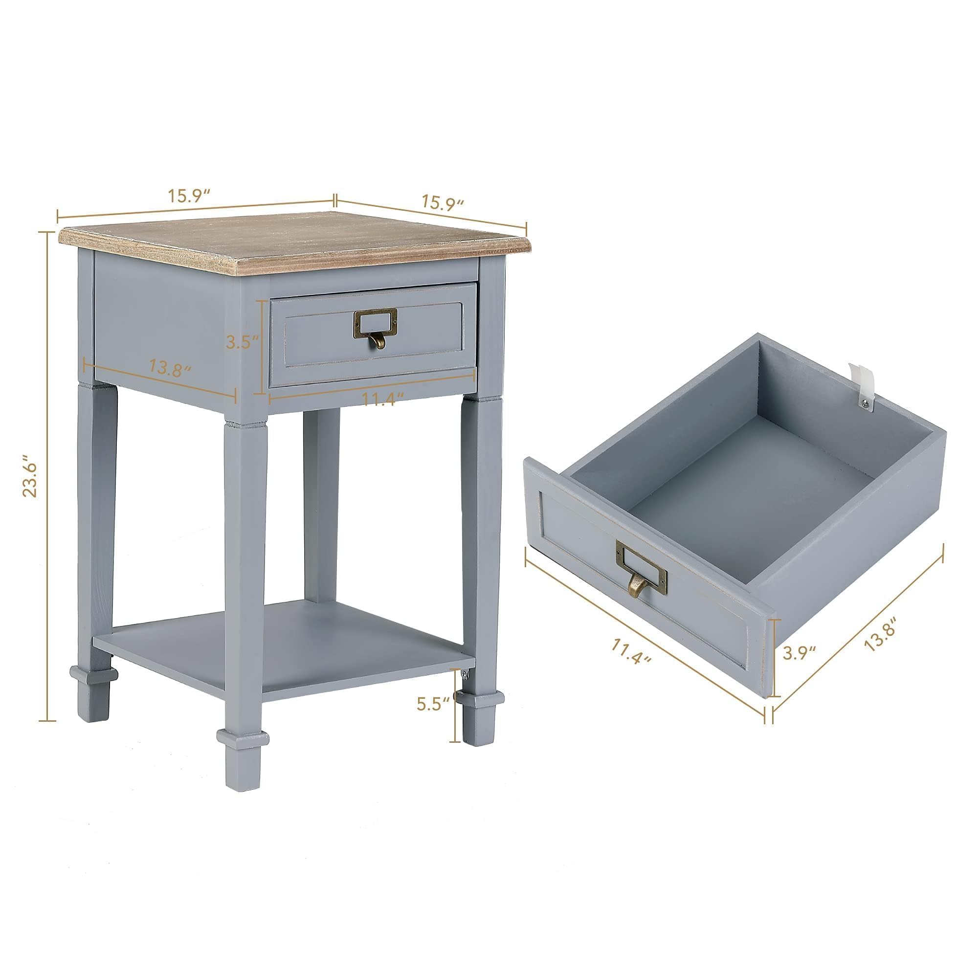 Rustic Farmhouse Wooden End Table with Drawers and Open Shelf - Handcrafted Nightstand for Living Room, Bedroom - Set of 2, Natural Wood Finish - Perfect for Home Decor and Small Space Storage