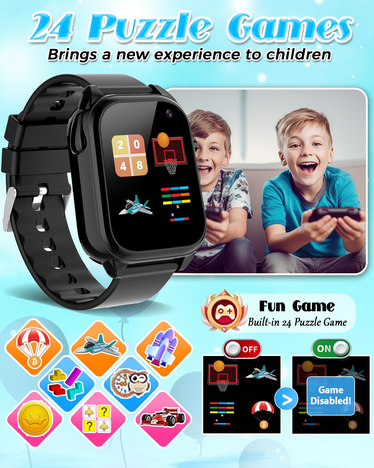 Waterproof Smart Watch for Kids 3-12 Years Old - 26 Games, HD Touchscreen, Video Camera, Pedometer, Music Player, Alarm Clock, Flashlight - Perfect Birthday Gift for Boys & Girls - Ideal for Outdoor Play, Fitness Tracking, and Daily Activities