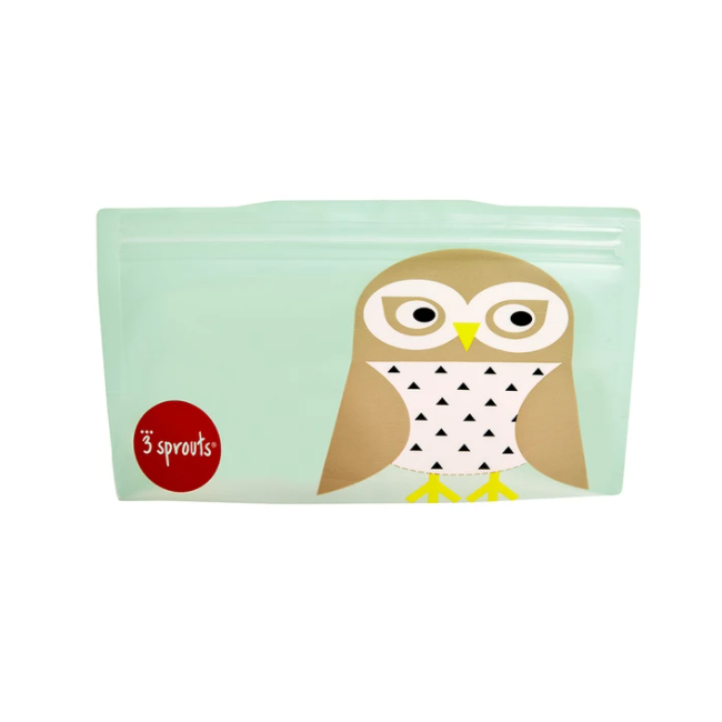 3 Sprouts Reusable Snack Bags 2-Pack - Cute Owl Design | Eco-Friendly Food Storage for Kids Lunch, School, Picnics & Travel | BPA-Free & Washable