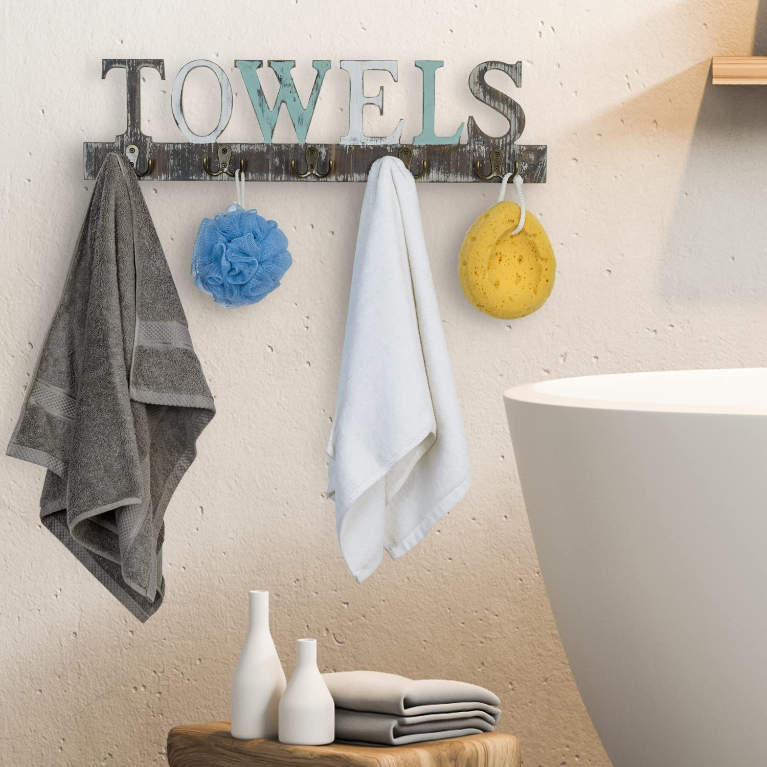 Rustic Wall Mounted Solid Wood Towel Rack with 5 Dual Hooks - Decorative Towel Cutout Design for Bathroom, Kitchen & Laundry Room - Perfect for Hand Towels, Aprons & Robes Organization