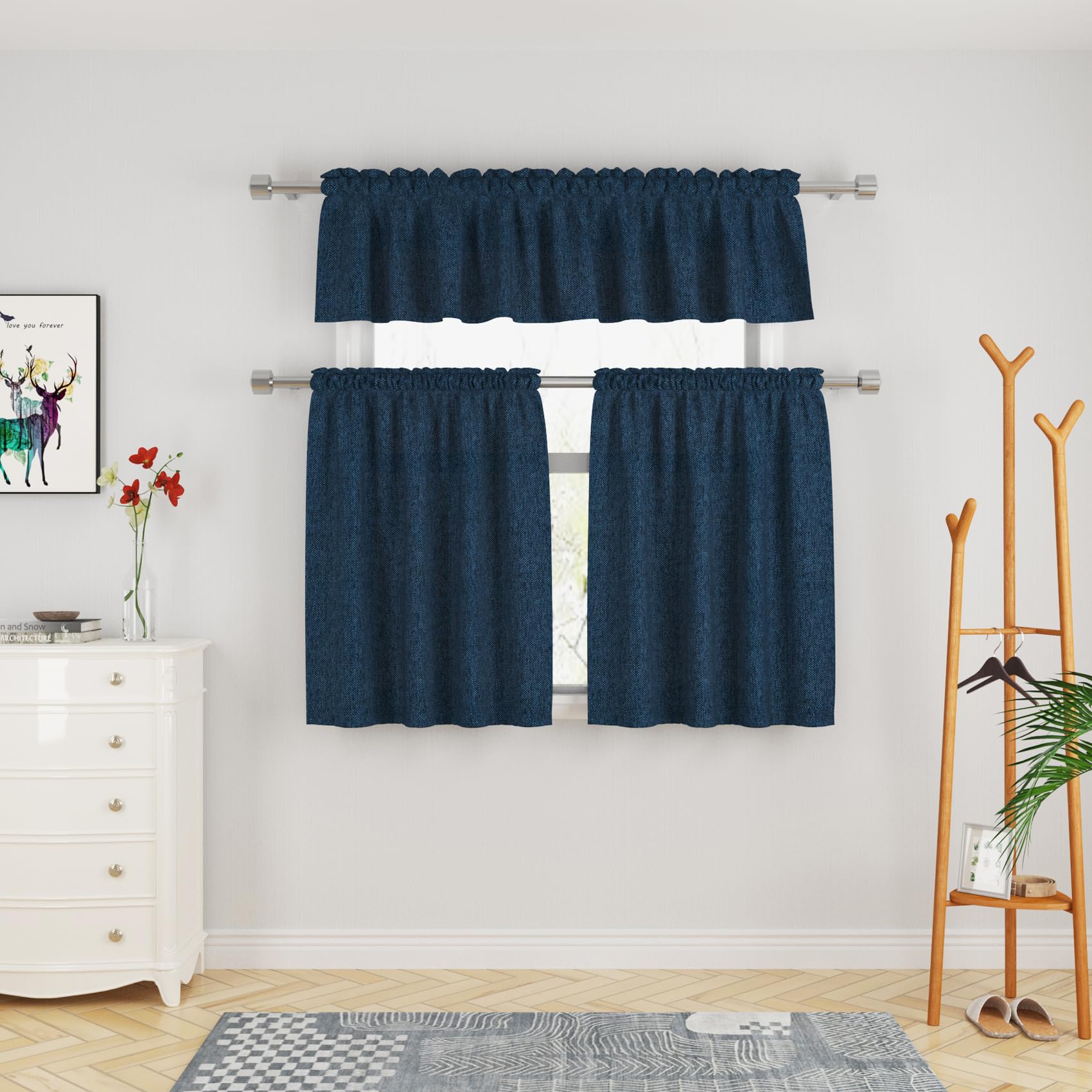 UPOPO 30 Inch Short Curtains for Kitchen Sink - Linen Textured Half Window Curtains with Rod Pocket, Navy Blue, Set of 2 - Perfect for Cafe, Caravan, Bathroom, Basement & Small Windows
