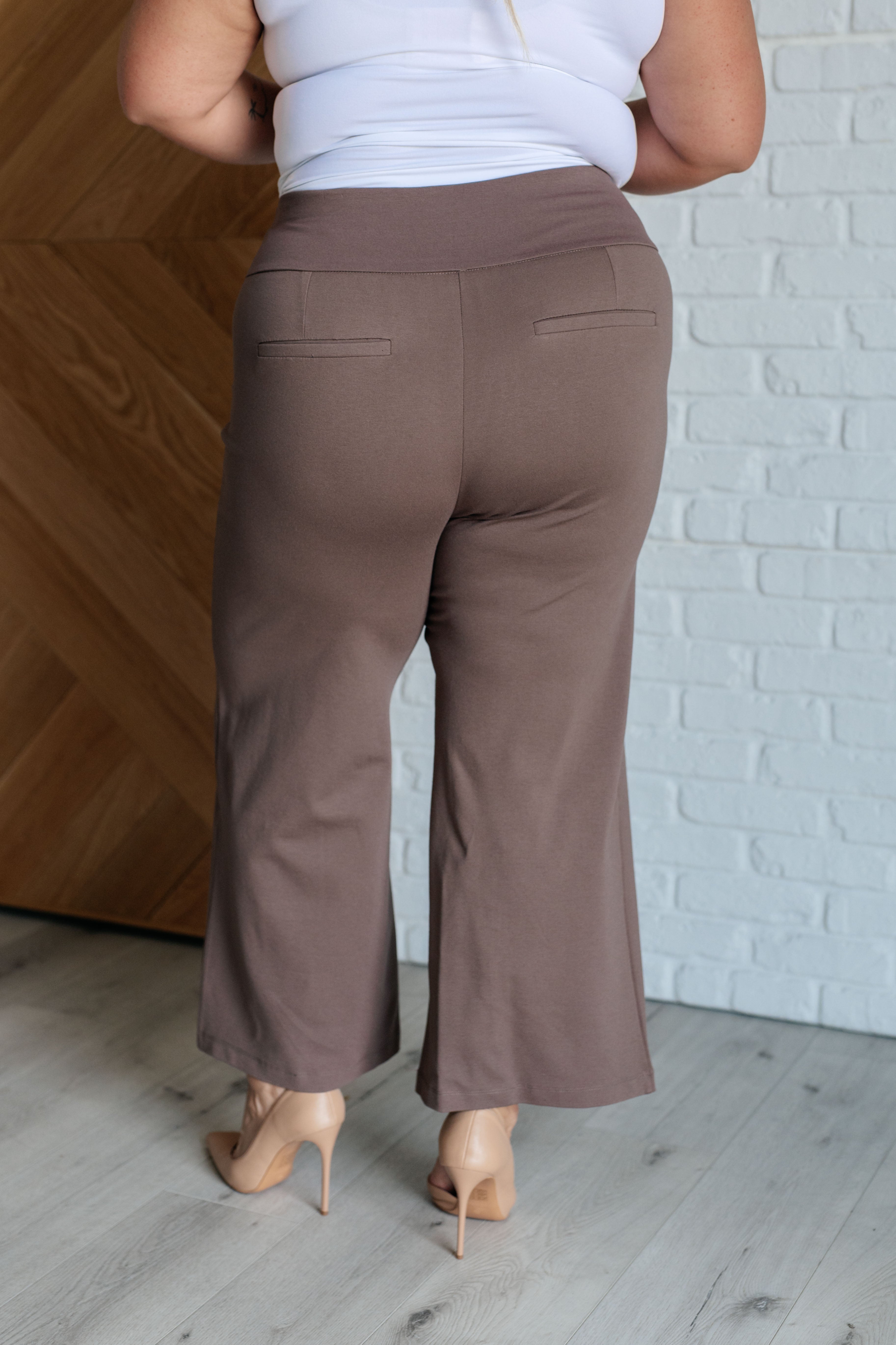 Magic Wide Leg Crop Pants in Dark Mocha - Women's High Waisted Stretchy Lounge Pants for Yoga, Travel & Casual Wear