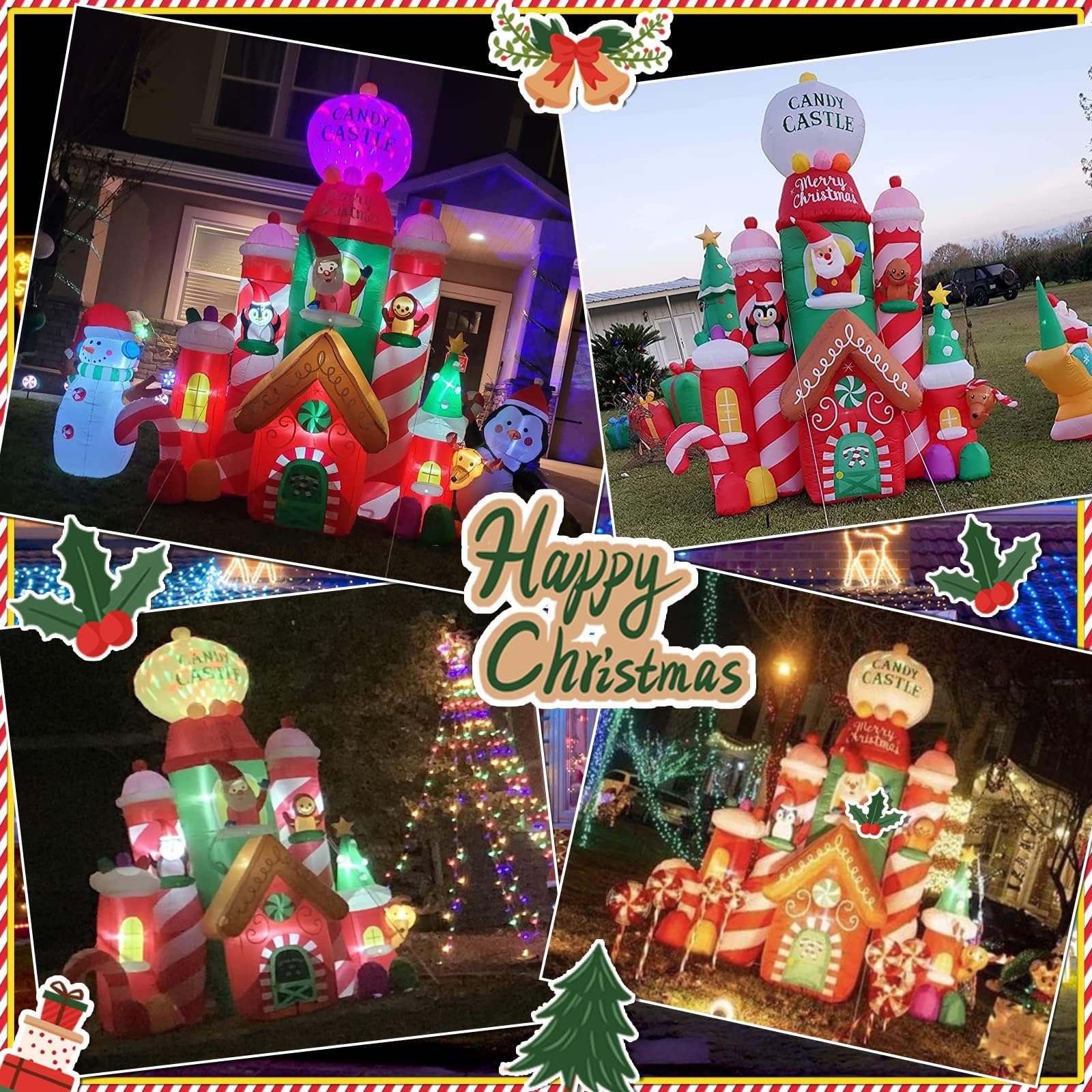 10FT Tall Christmas Inflatable Candy Castle with Santa, Gingerbread & Penguin - Giant Outdoor Holiday Decoration for Yard, Lawn & Garden - Perfect for Christmas Party Decor & Neighborhood Displays