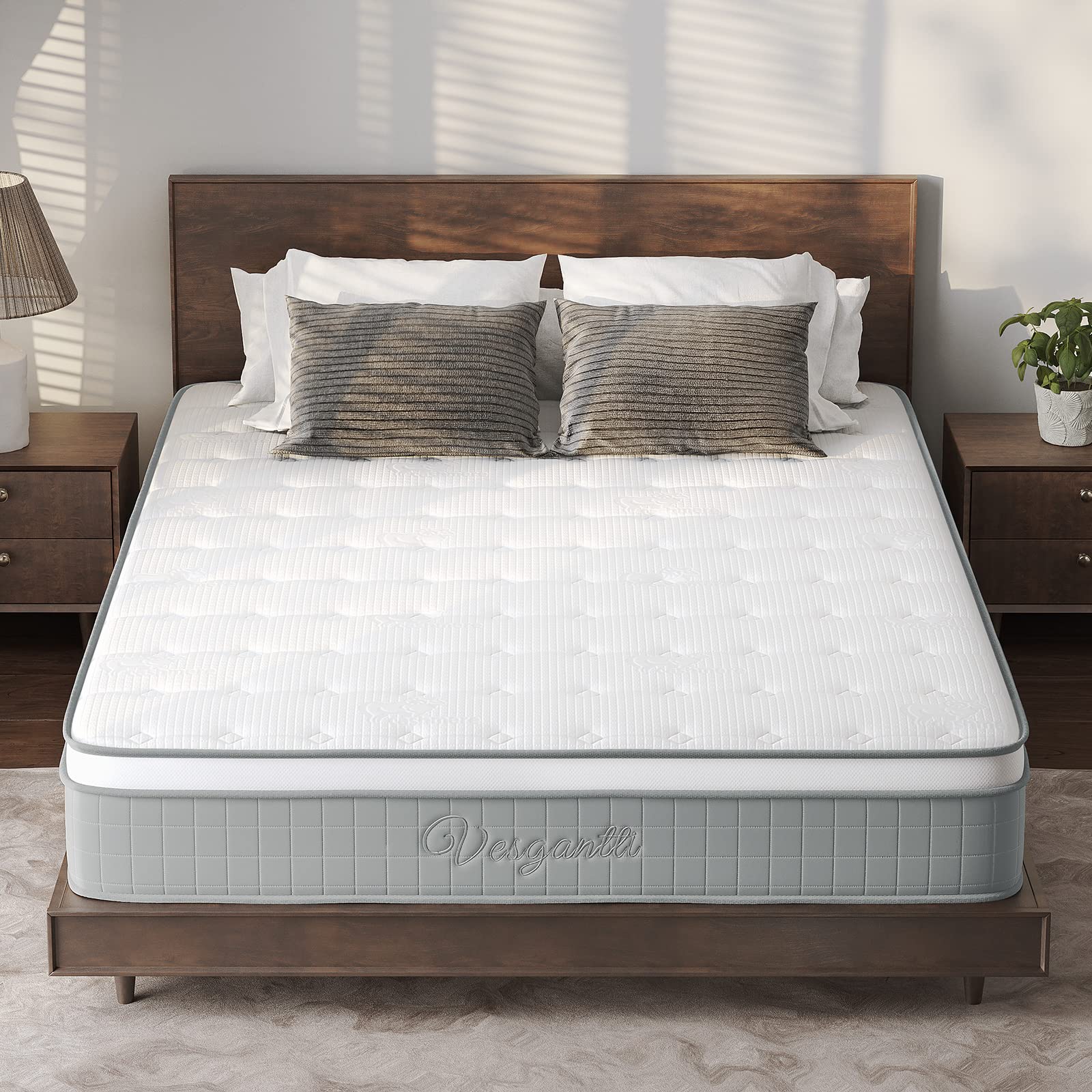 Vesgantti 10 Inch Hybrid Queen Mattress - Medium Firm Innerspring with Memory Foam, Pressure Relief Pocket Coils, CertiPUR-US Certified - Perfect for Back Pain Relief & Side Sleepers | Bed in a Box for Easy Setup