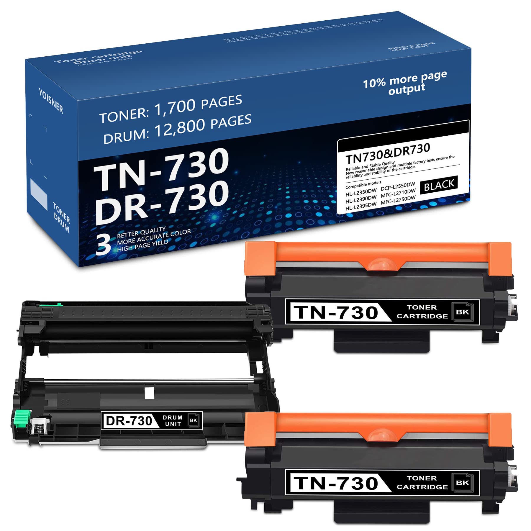 YOISNER TN730 & DR730 High Yield Toner & Drum Set - 2 Pack TN730 Toner Cartridges & 1 Pack DR730 Drum Unit Replacement for Brother MFC-L2710DW L2750DW L2750DWXL HL-L2350DW L2390DW L2370DW/DWXL Printers - Black | Perfect for Office & Home Printing Needs