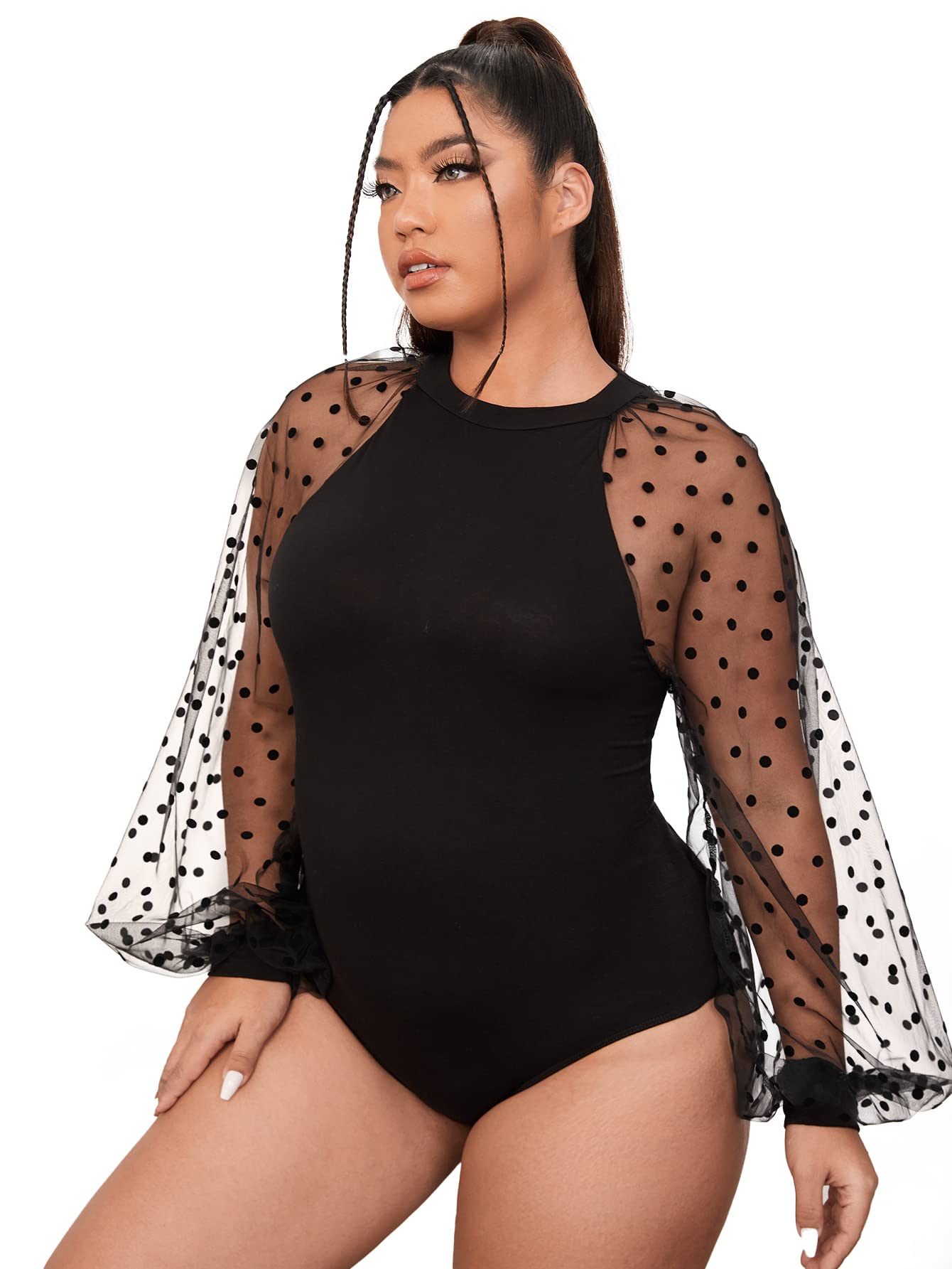Romwe Women's Plus Size Sexy Mesh Lantern Sleeve Mock Neck Bodysuit Jumpsuit - Clubwear & Party Outfit for Night Out, Halloween Costume, and Special Occasions