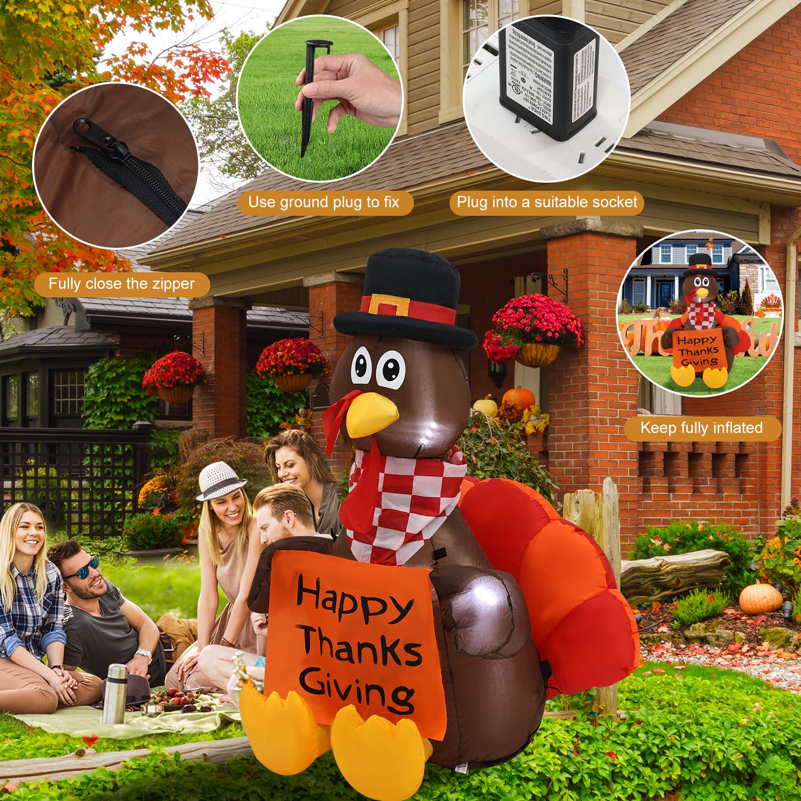 4 FT Pull Banner Turkey Thanksgiving Inflatable Decoration with LED Lights - Outdoor Holiday Yard Decor for Lawn, Garden & Patio - Perfect for Thanksgiving Party, Fall Festival & Family Gatherings