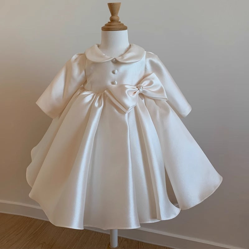Elegant White Baby Doll Neck Bow Princess Dress for Girls - Toddler First Birthday Party Outfit | Perfect for Birthday Celebrations, Photo Shoots & Special Occasions