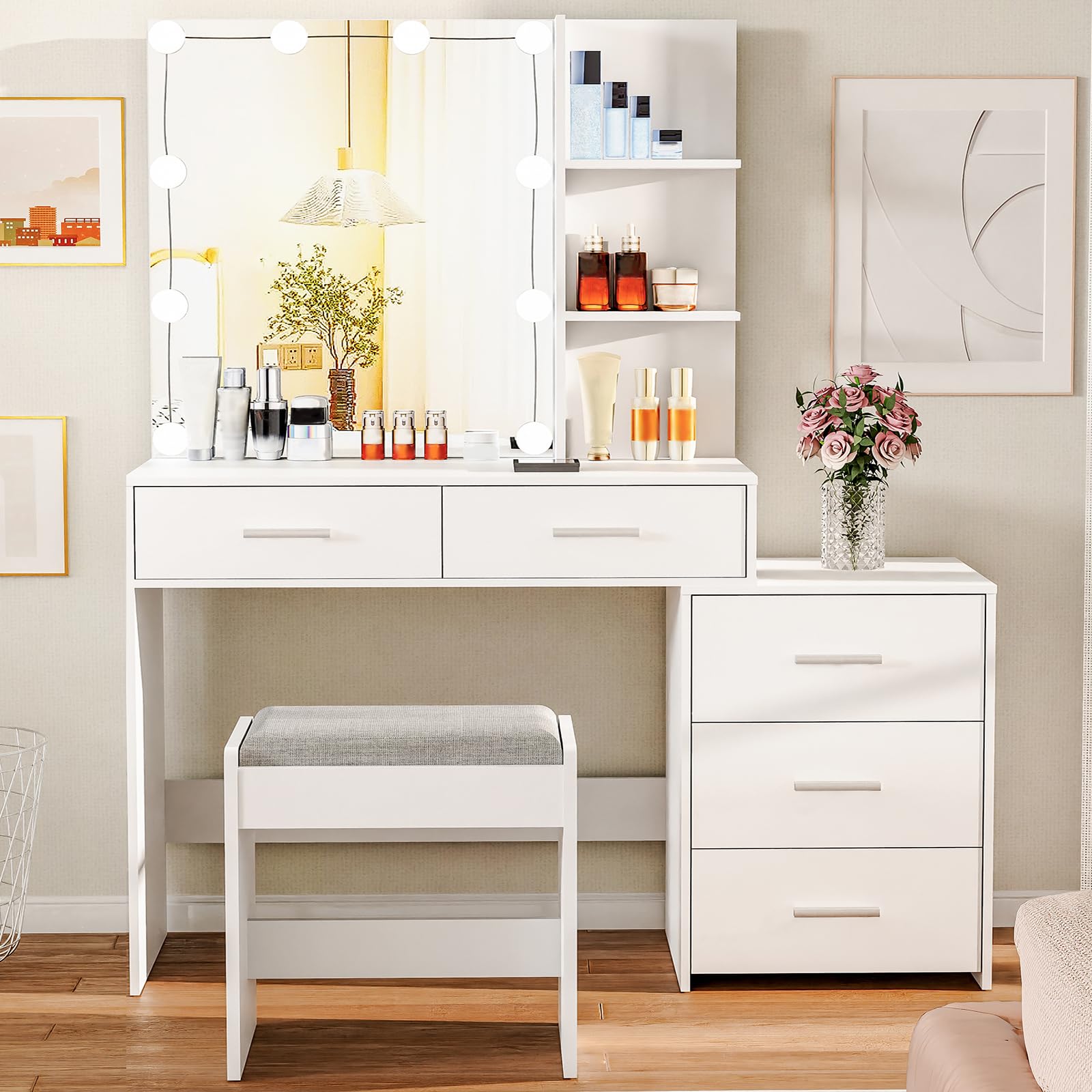 USIKEY 43.5 Inch Large LED Vanity Desk with Mirror - 10 Adjustable Lights, 5 Storage Drawers & Stool - White Makeup Dressing Table with Shelves for Women & Girls | Perfect for Bedroom, Dorm, Beauty Salon & Gift