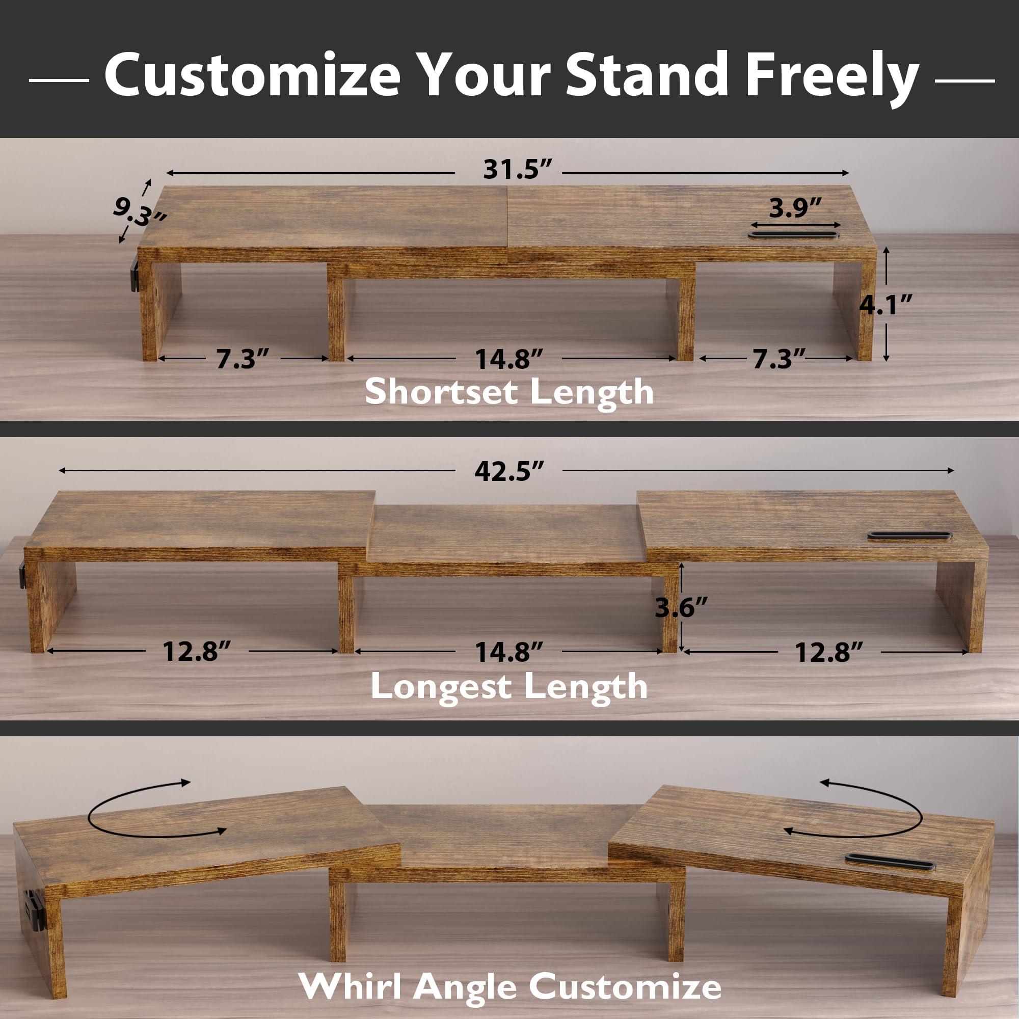 BONTEC Adjustable Dual Monitor Stand Riser with Phone Holder - Wooden Desktop Organizer for PC, Laptop & Printer - Swivel Angle & Length Adjustment - Rustic Brown Home Office Workspace Solution