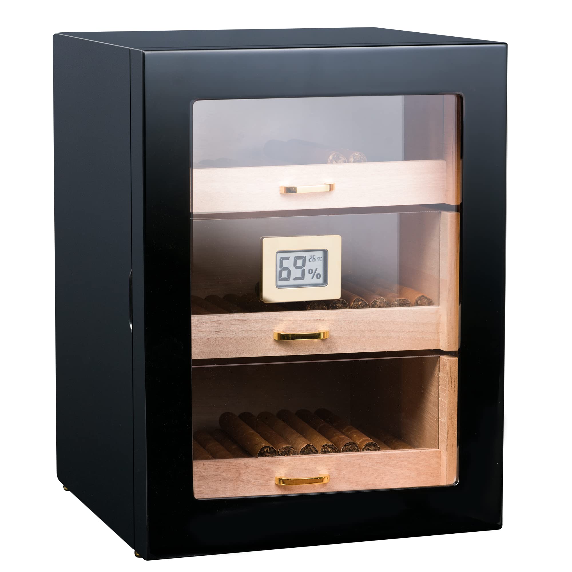 Woodronic 150-Cigar Humidor Cabinet with Digital Hygrometer, 2 Crystal Gel Humidifiers & Spanish Cedar Liner - Magnetic Door, Polished Piano Black Finish - Perfect Desktop Cigar Storage Gift for Dad | Home Office, Man Cave & Luxury Gift Idea