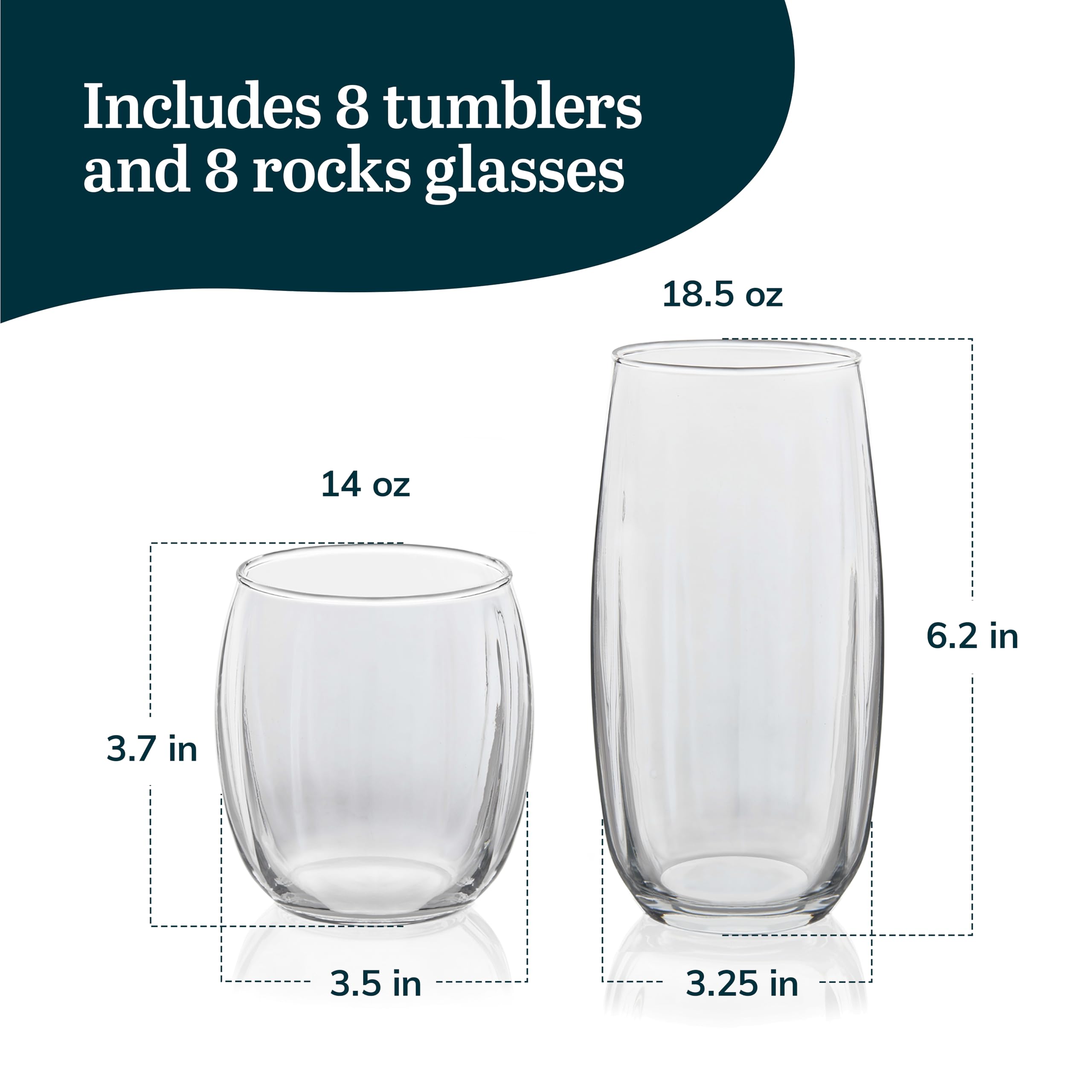 Libbey Samba 16-Piece Glass Set - 8 Tumblers & 8 Rocks Glasses for Cocktails, Iced Coffee, and Juice - Perfect for Home Bars, Parties, and Everyday Use