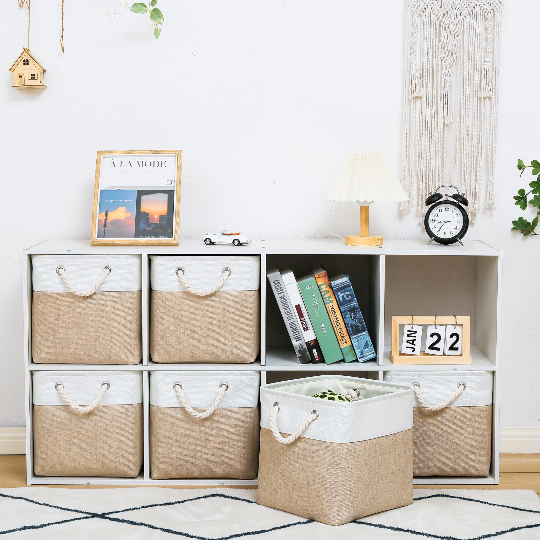 11 x 11 Inch Foldable Storage Cubes - 6 Pack Collapsible Fabric Bins with Handles for Home Organization | Closet, Toy, Clothes & Office Storage Solutions (White & Beige) - Perfect for Bedroom, Playroom & Small Space Organization