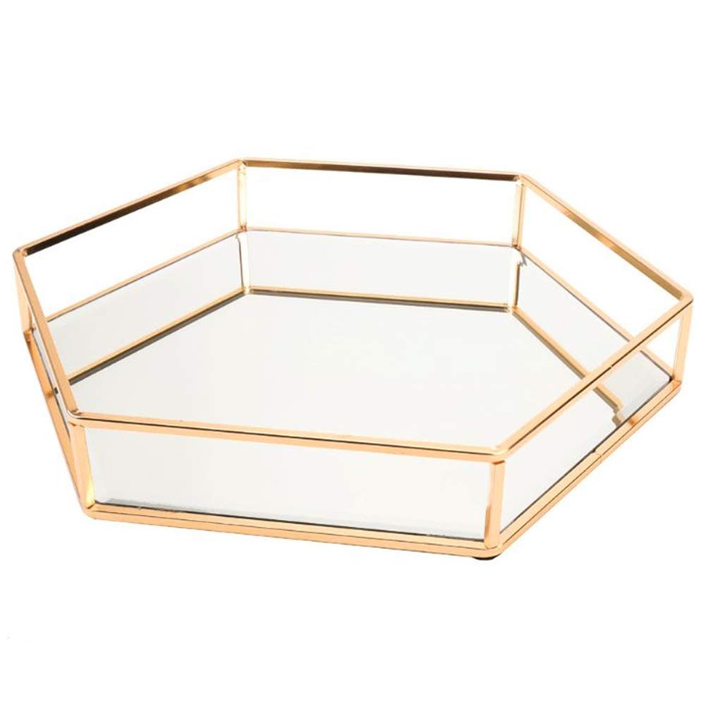 Hexagon Mirror Jewelry & Perfume Tray - Elegant Metal Vanity Tray for Dresser, Jewelry Organizer & Perfume Display - Perfect for Bedroom, Bathroom & Travel Accessories Storage