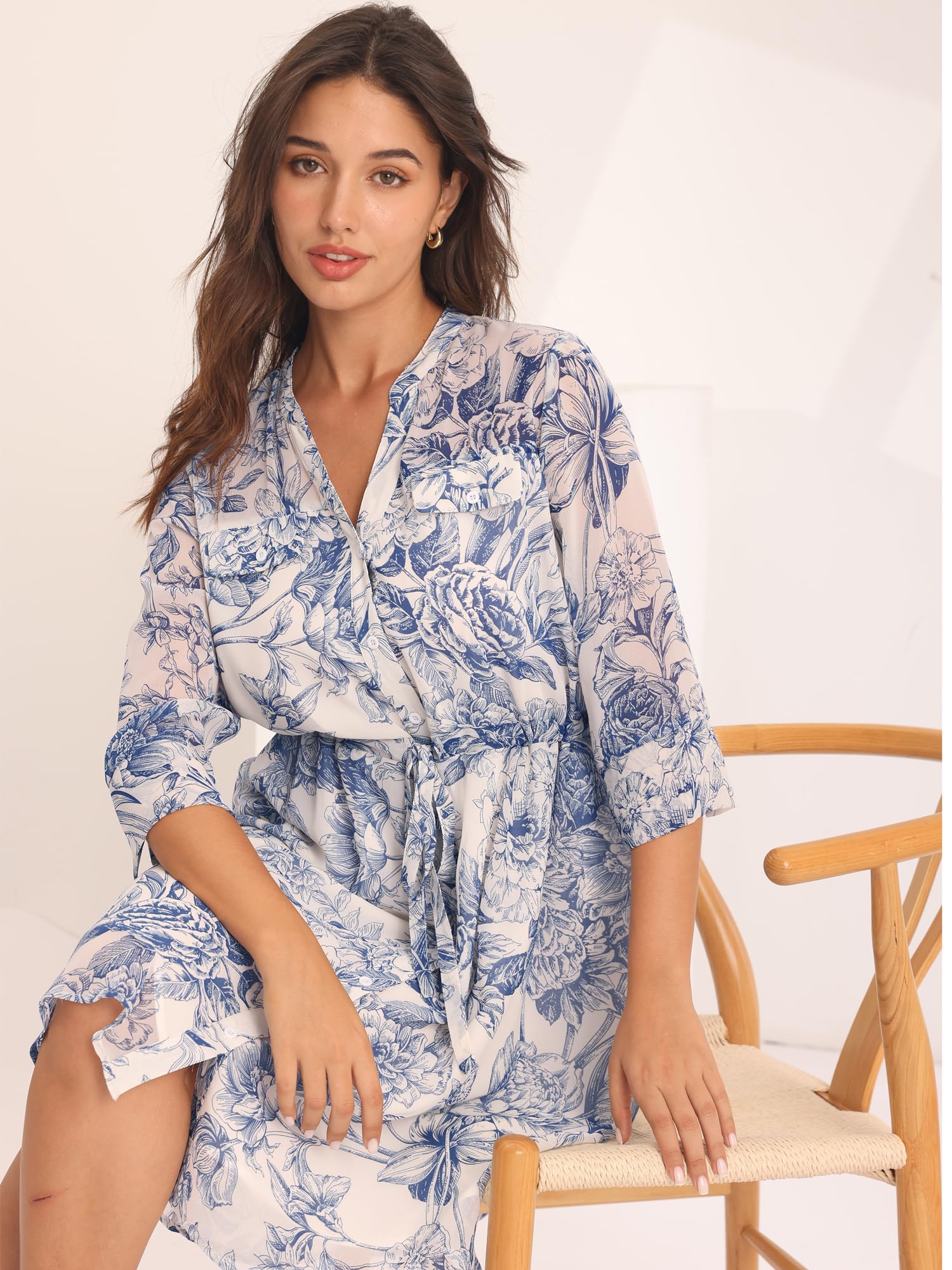 Women's Floral Print A-Line Chiffon Dress with 3/4 Sleeves & Button Front - Elegant Midi Flare Dress for Spring Summer Wedding, Party & Office Wear