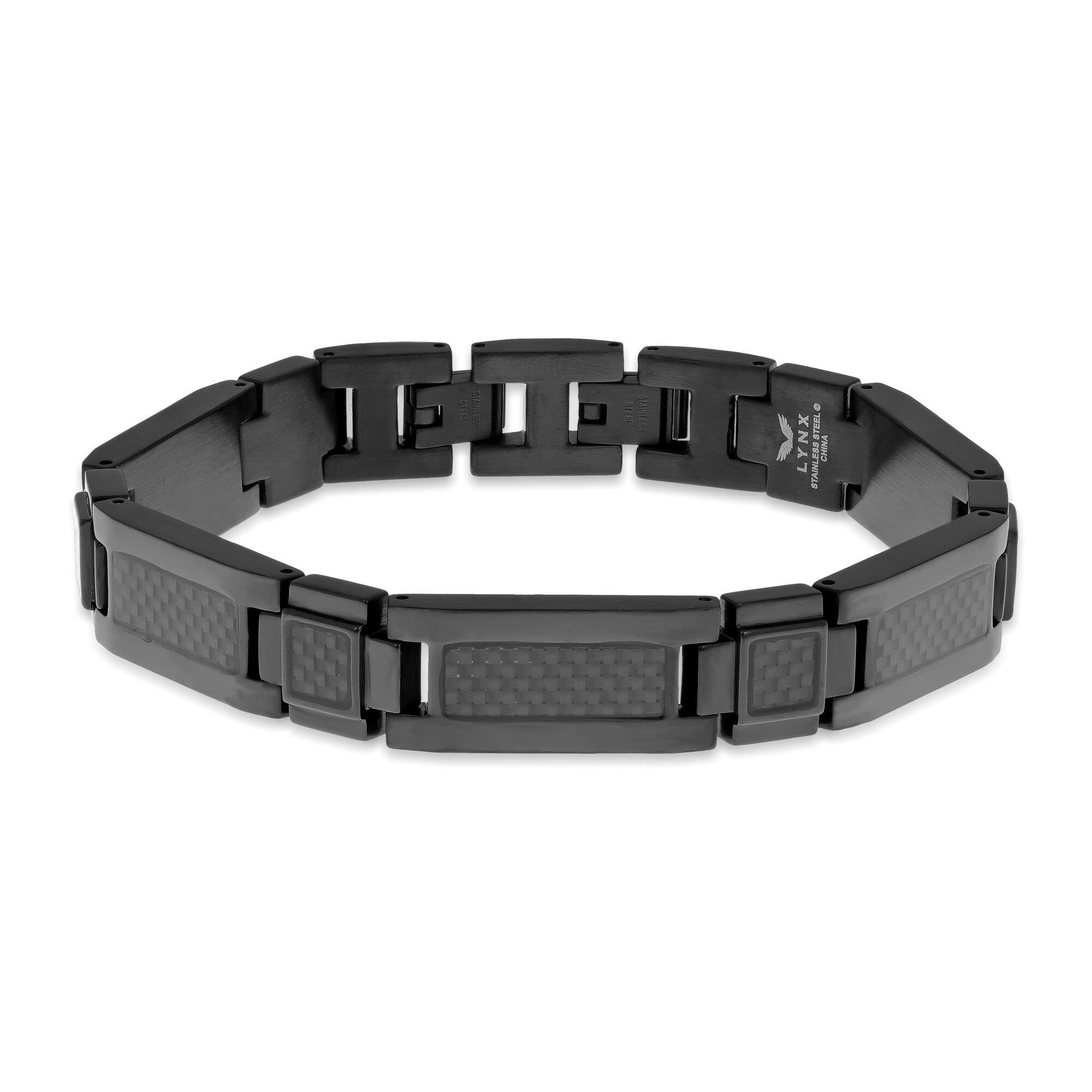 Stainless Steel Men's Link Bracelet with Black Ion Plating & Carbon Fiber Inlay - 8.5