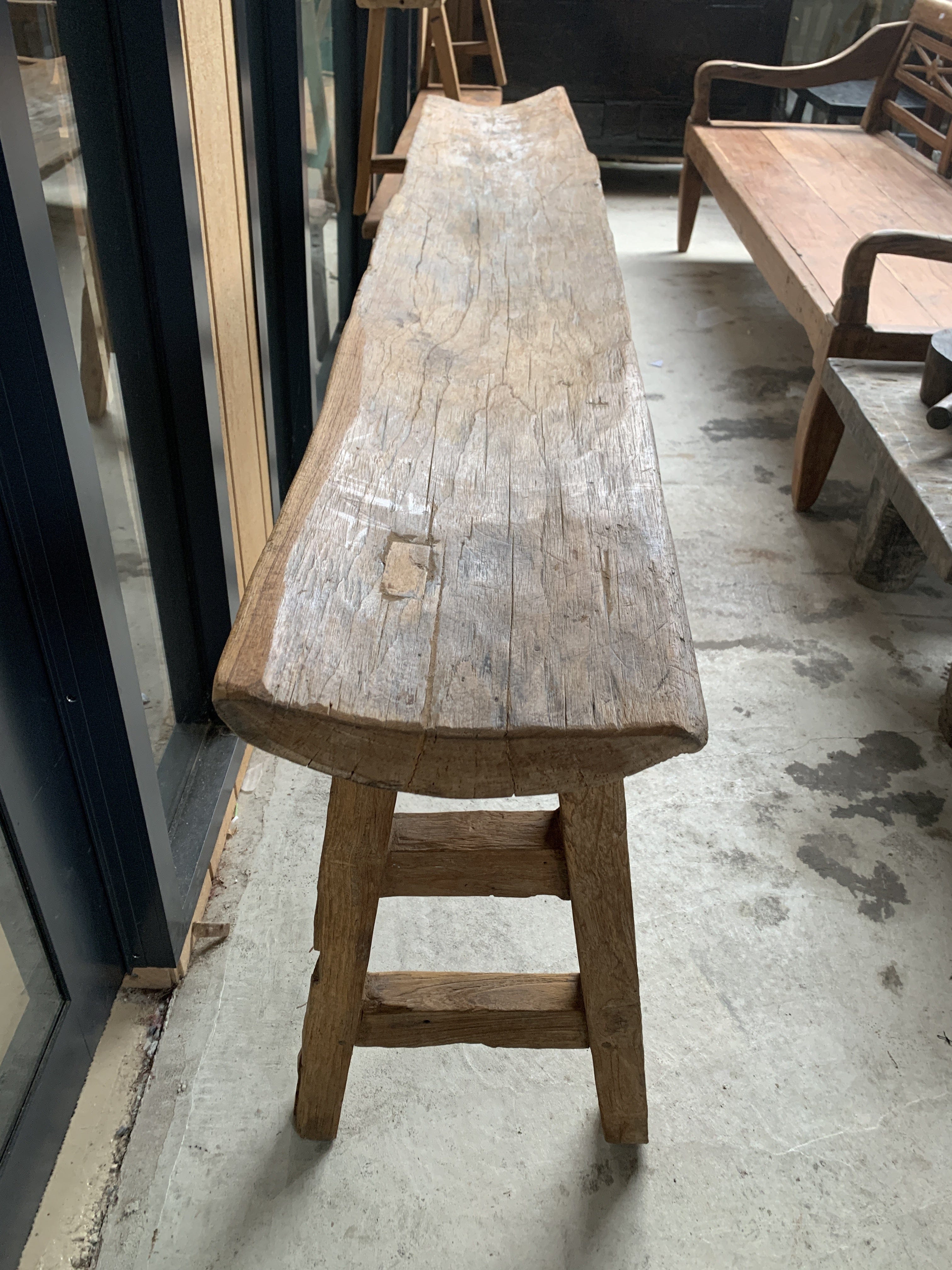 Rustic Teak Wood Trough Bench - Handcrafted Solid Wood Garden Bench for Outdoor Patio, Porch, and Backyard Decor
