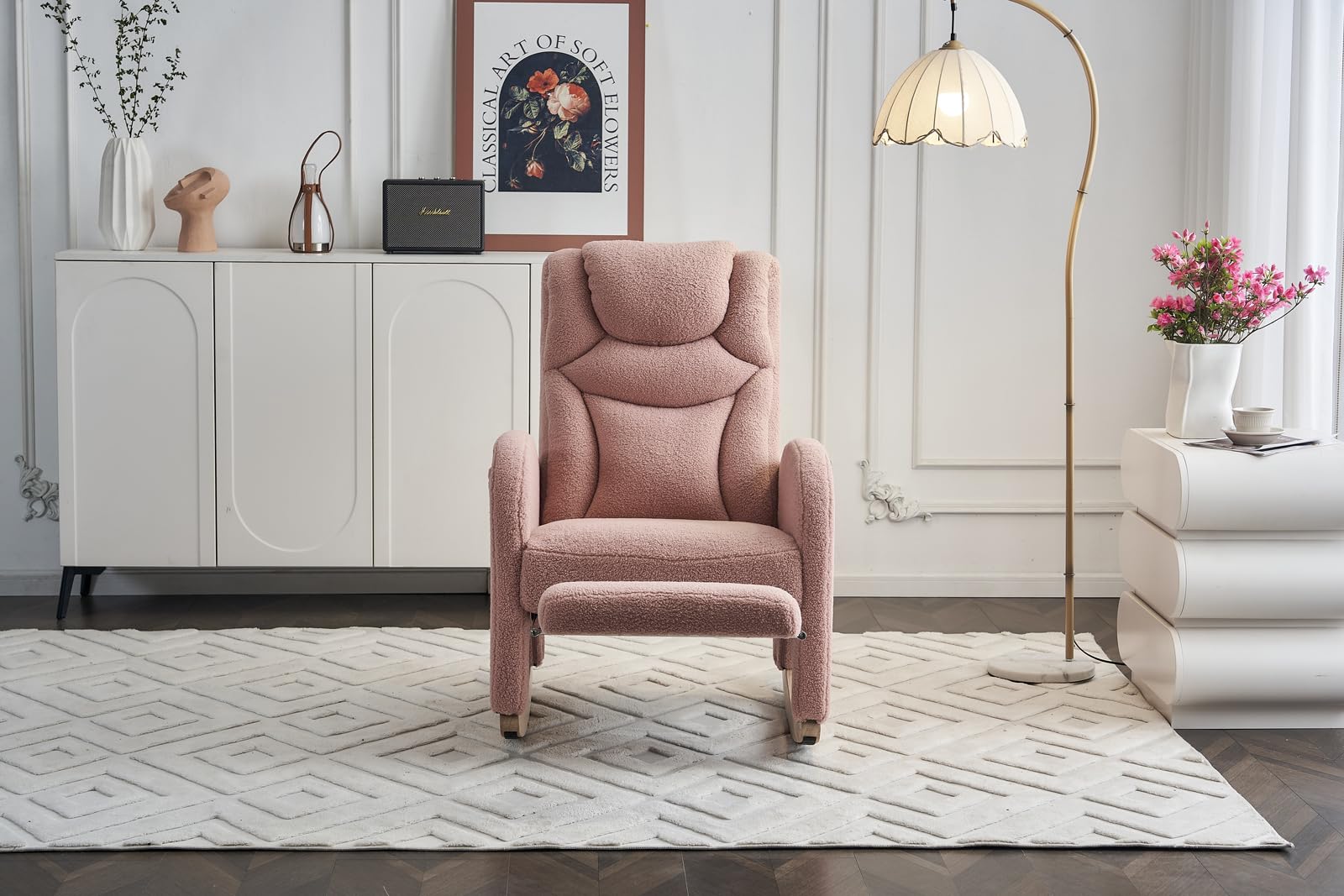 Comfortable Nursery Glider Rocking Chair with Retractable Footrest - High Back Wide Seat Nursing Chair with Side Pocket & Rubber Wood Legs - Perfect for Baby Nurseries, Living Rooms & Breastfeeding (Pink)