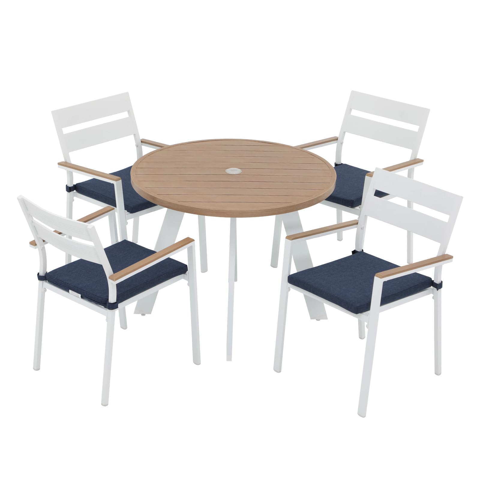 JOIVI 5-Piece Outdoor Dining Set - Aluminum Patio Furniture with Wood Grain Tabletop & Navy Blue Cushions, Stackable Chairs for 4 People, 2.05