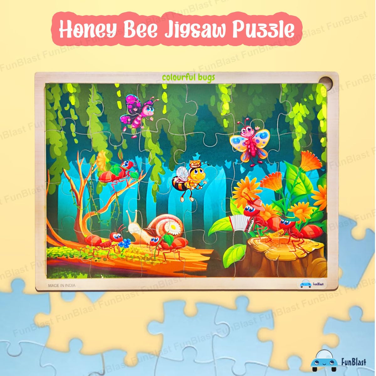 FunBlast 24-Piece Honey Bee Wooden Jigsaw Puzzle for Kids Ages 3-5 - Educational Learning Toy for Preschoolers - Perfect for Classroom, Birthday Gifts & Family Game Night