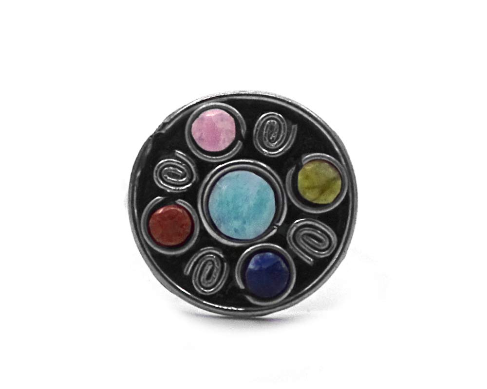 Round Multi Gemstone Healing Crystal Cabochon Silver Metal Swirl Adjustable Circle Ring - Handmade Boho Jewelry for Women, Natural Stone Fashion Accessory | Perfect for Meditation, Yoga, Spiritual Healing & Everyday Boho Chic Style
