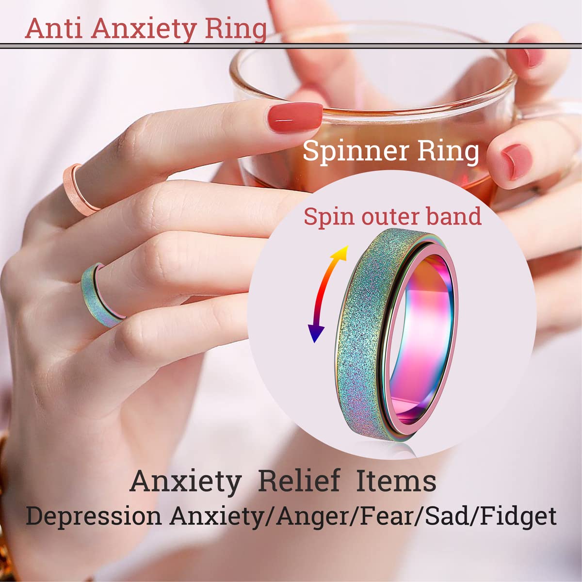 OreilleStar Anxiety Relief Spinner Ring for Women & Men - Stainless Steel Fidget Thumb Ring (Rainbow, Size 6) - Stress Relief, ADHD, Autism & Anxiety Management - Perfect for Office, Travel & Daily Focus