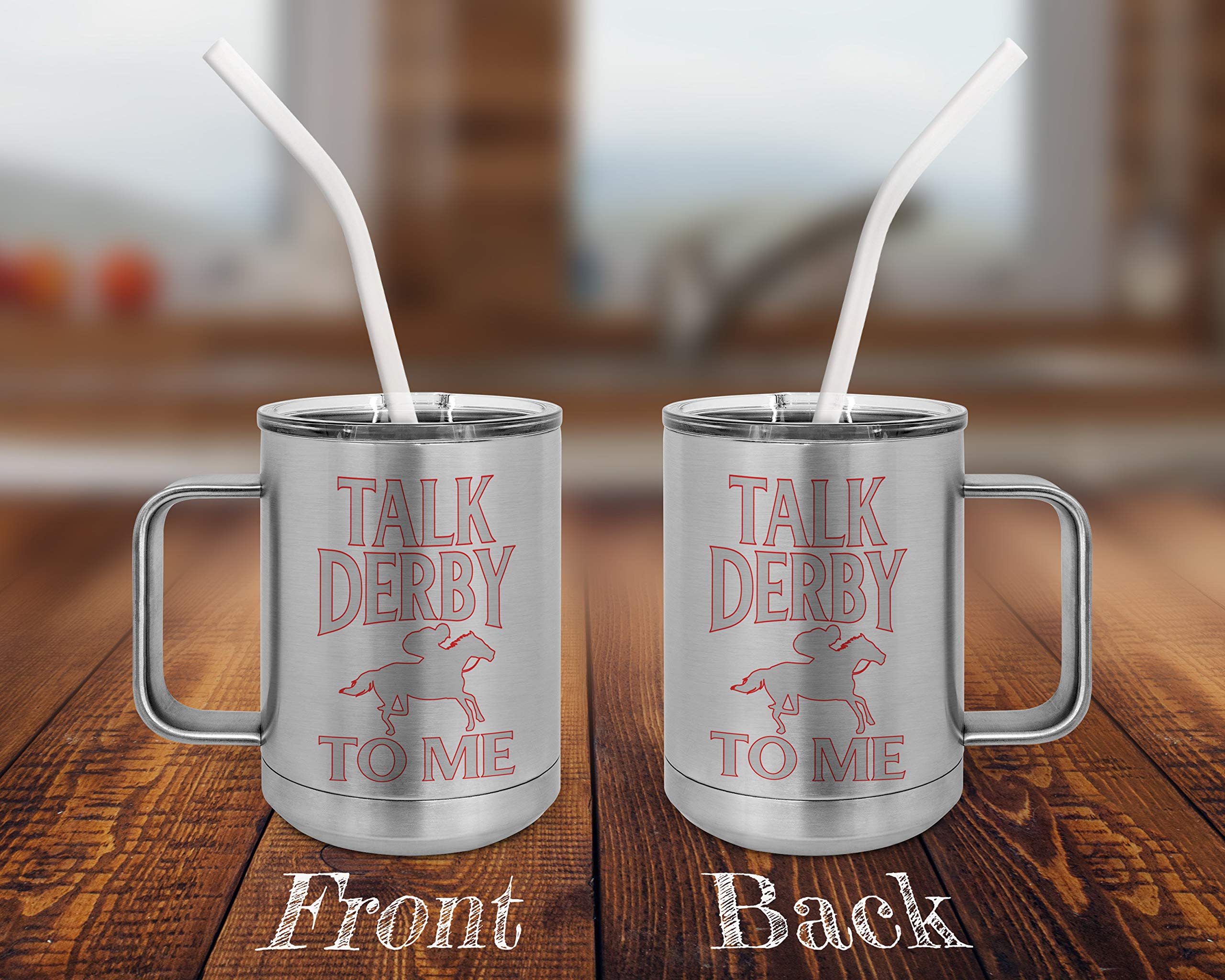 PixiDoodle Horse Racing Derby Anniversary Insulated Coffee Mug Tumbler - 15oz Stainless Steel Travel Cup with Spill-Proof Slider Lid & Silicone Straw - Perfect for Hot/Cold Beverages, Office, Commute & Outdoor Activities (Silver)