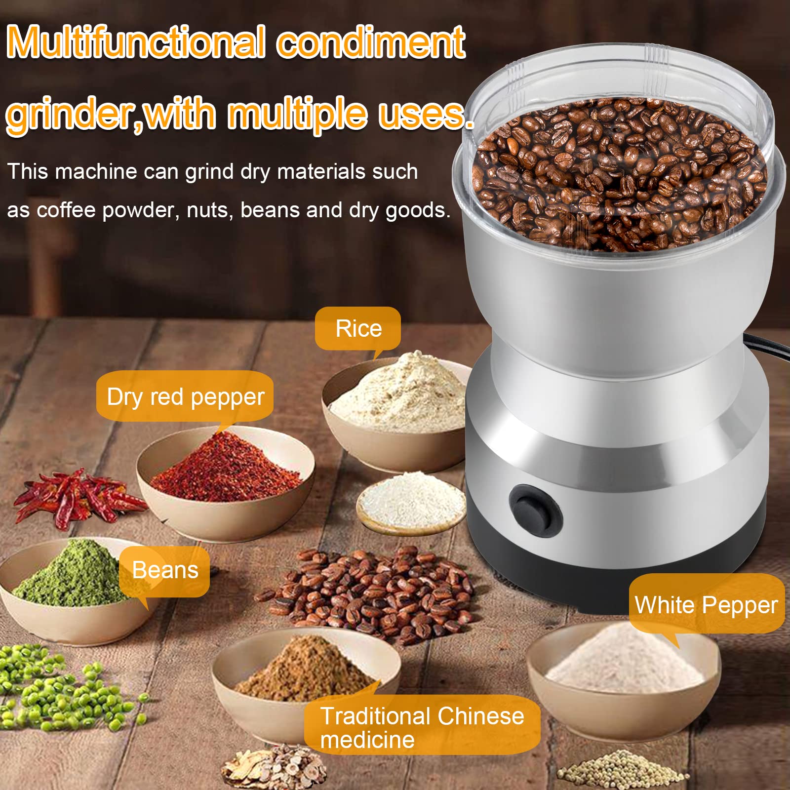 Premium Electric Coffee Grinder 200W - Mini Spice Grinder with 300ml Capacity & Stainless Steel Blades - Perfect for Coffee Beans, Nuts, Herbs & Spices - Ideal for Home Kitchens, Coffee Shops & Camping Use