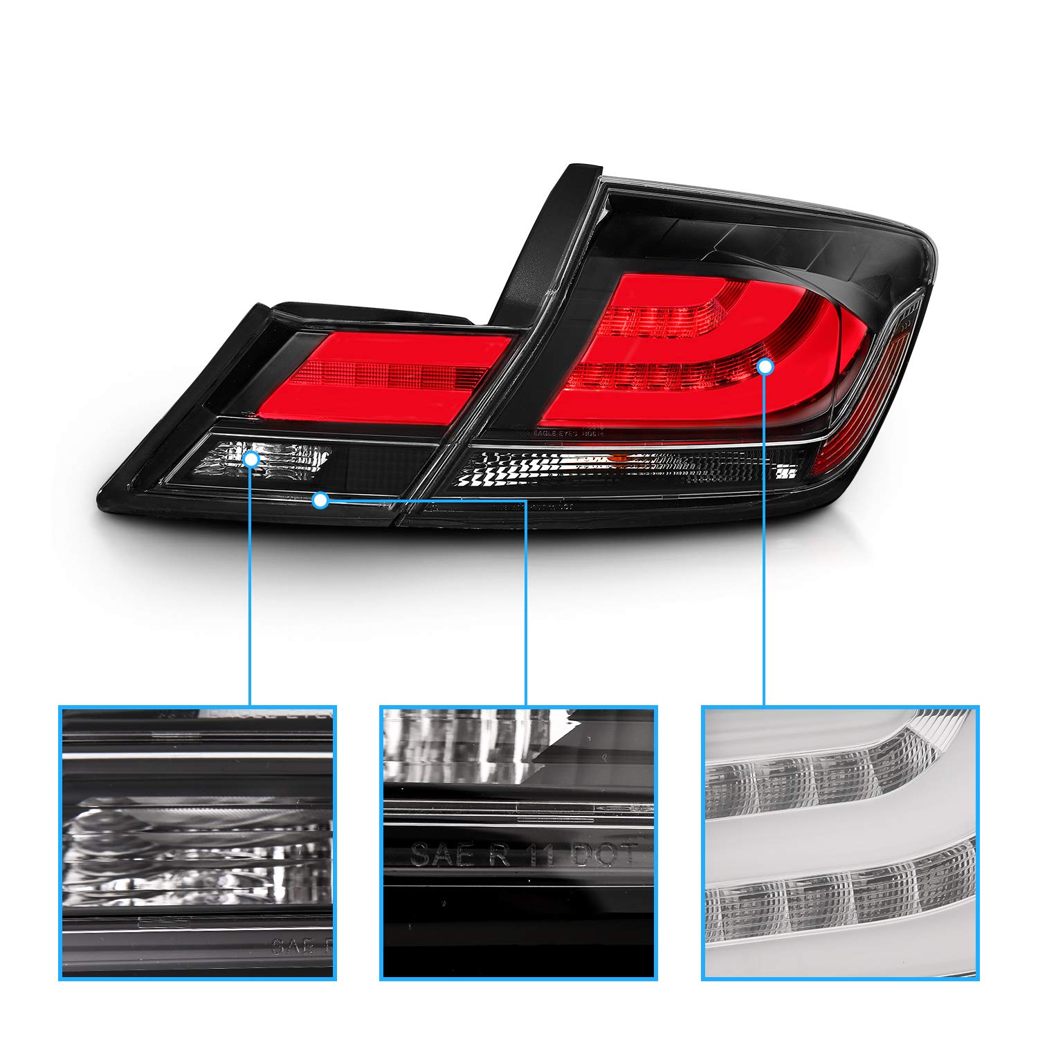 AmeriLite Black LED Bar Replacement Brake Tail Lights Set for 2013-2015 Honda Civic Sedan (4 Door) - Left & Right Side - Enhanced Visibility & Style for Night Driving