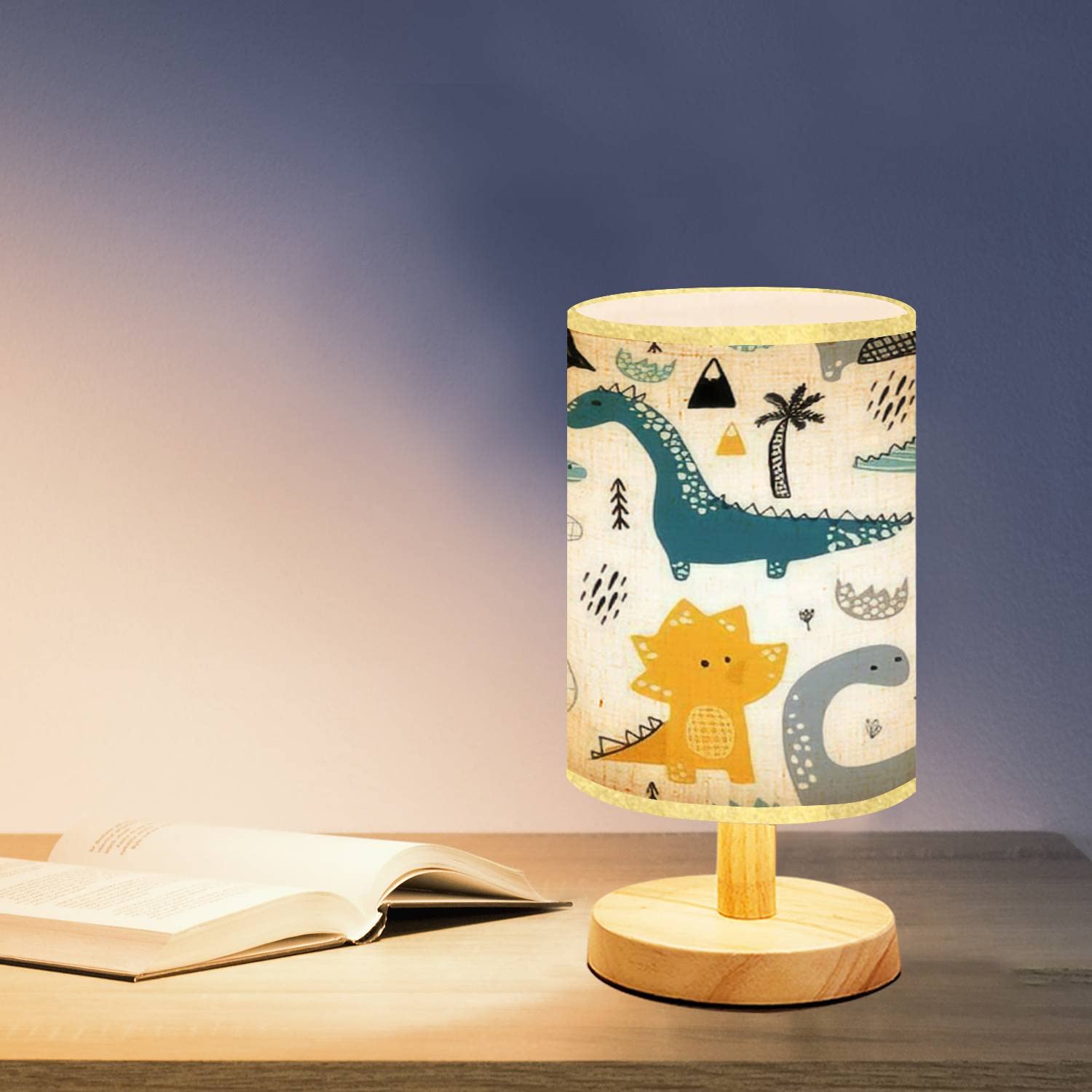 Scandinavian Style Minimalist Bedside Lamp with Hand-Drawn Dinosaur Design - Creative Small Table Desk Lamp for Bedroom, Nightstand, Nursery - Solid Wood Base & Flaxen Fabric Shade - Perfect Gift for Kids & Home Decor