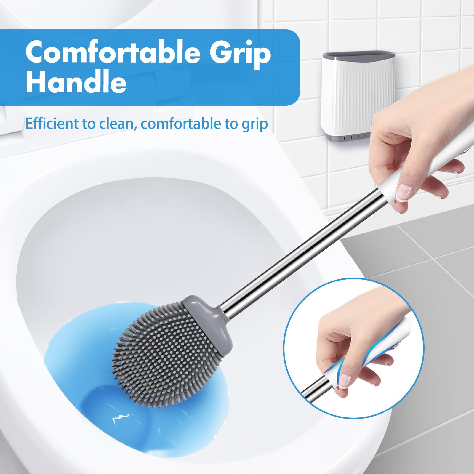 2 Pack TRENTI Silicone Toilet Brush Set with Holder - Flexible Toilet Bowl Brush & Ventilated Wall Mount Holder for Bathroom Deep Cleaning - Compact White Toilet Brush (TRTI-081) - Perfect for Small Bathrooms, RVs & Tight Spaces